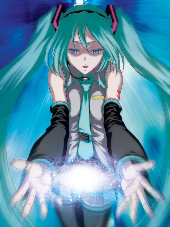 iga tomoteru, hatsune miku, vocaloid, blue eyes, detached sleeves, green hair, headset, long hair, necktie, skirt, solo, thighhighs, twintails, very long hair, zettai ryouiki