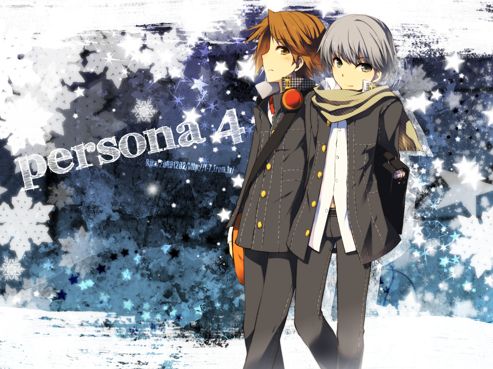 kamiyoshi rika, hanamura yousuke, narukami yu, atlus, persona, persona 4, highres, 2boys, bag, brown eyes, brown hair, grey eyes, grey hair, male focus, multiple boys, scarf, school uniform, star (symbol)