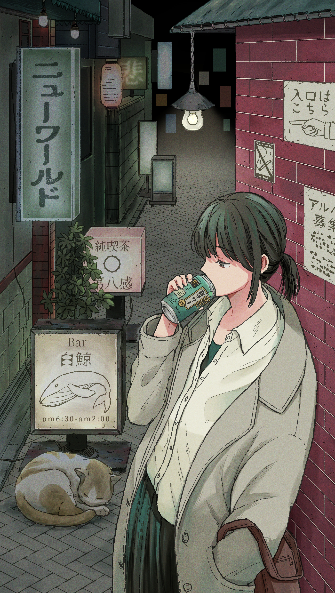 original, absurdres, commentary request, highres, translation request, 1girl, 9999 on, alley, animal, black eyes, black hair, can, cat, coat, cowboy shot, drink can, from side, grey coat, hand in pocket, hand up, holding, holding can, light bulb, long sleeves, night, no smoking, open clothes, open coat, outdoors, plant, poster (object), profile, scenery, short hair, sign, sleeping animal, slice of life, solo, standing