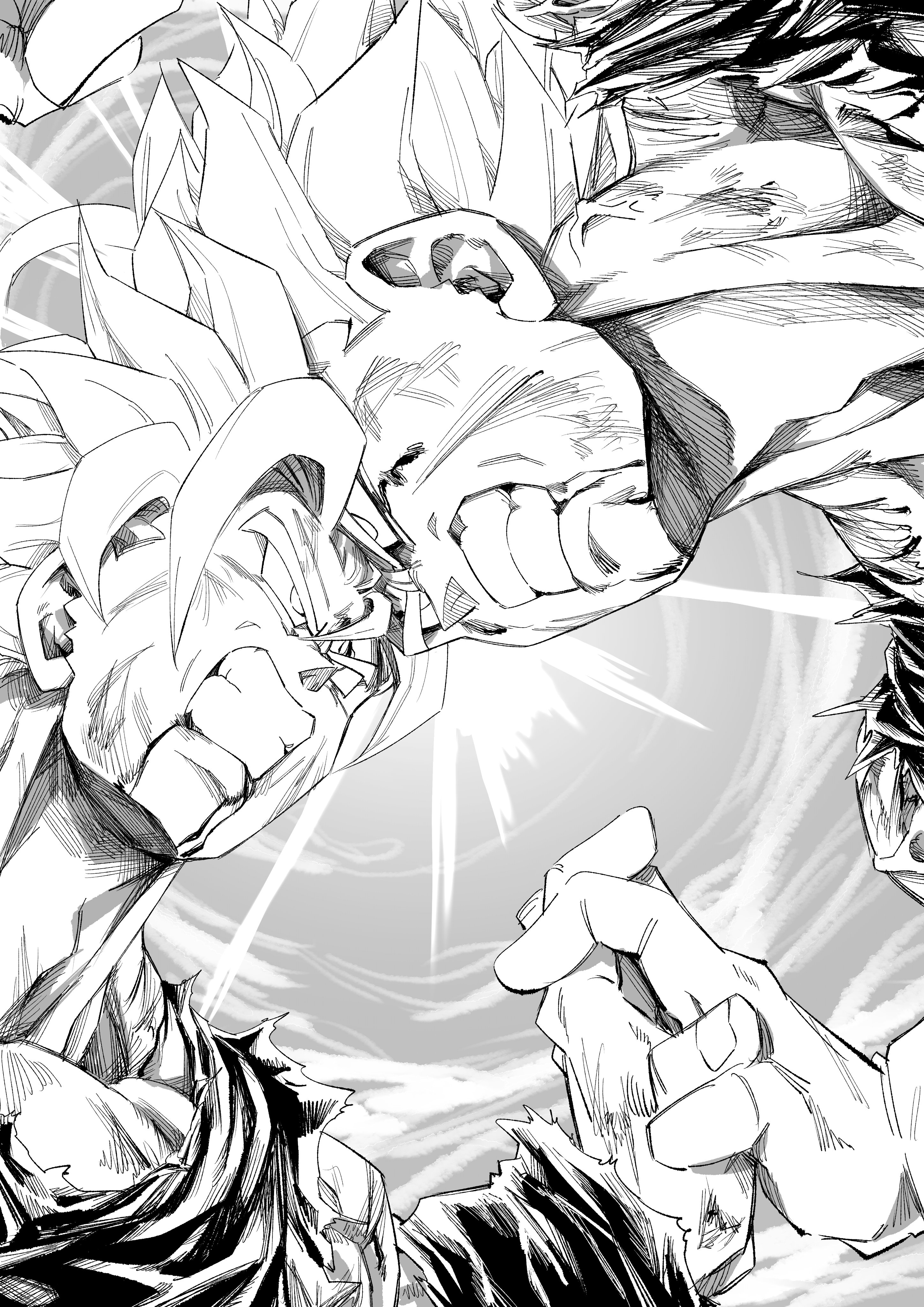 nishitakuart, son goku, vegeta, dragon ball, dragonball z, absurdres, highres, 2boys, battle, battle damage, blood, blood from mouth, clenched teeth, from below, greyscale, medium hair, monochrome, multiple boys, muscular, muscular male, parted lips, spiked hair, super saiyan, super saiyan 2, teeth