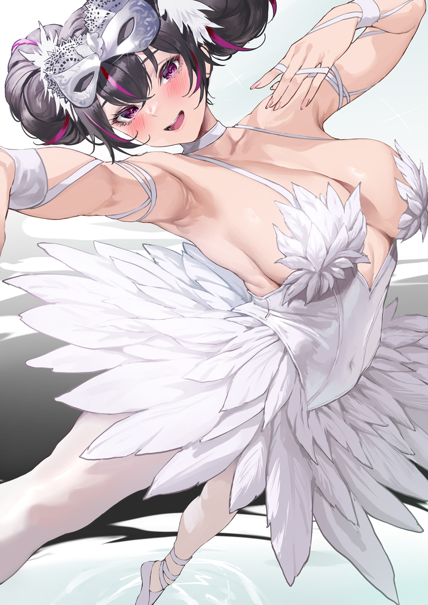 aoi sakura (seak5545), quency (escape queen) (nikke), quency (nikke), goddess of victory: nikke, chinese commentary, commentary request, highres, mixed-language commentary, paid reward available, 1girl, arched back, arm ribbon, arm up, armpits, ballerina, ballet, ballet dress, ballet slippers, bare shoulders, black hair, blush, breasts, choker, covered navel, crossed bangs, dancing, domino mask, double bun, dress, en pointe, eye mask, feather-trimmed dress, feather hair ornament, feathers, feet out of frame, fingernails, from side, gradient background, grey background, hair between eyes, hair bun, hair ornament, hand up, large breasts, looking at viewer, looking to the side, mask, mask on head, multicolored hair, official alternate costume, open mouth, outstretched arm, pantyhose, pink eyes, pink streaks, quency (escape queen) (masquerade swan) (nikke), ribbon, short hair, sleeveless, sleeveless dress, smile, solo, spaghetti strap, sparkle, standing, standing on one leg, streaked hair, two-tone background, water, white background, white choker, white dress, white pantyhose, white ribbon, wrist ribbon