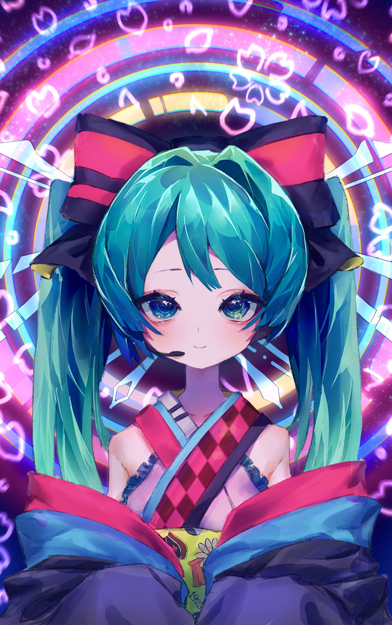 okubatomaeba, hatsune miku, vocaloid, commentary request, highres, 1girl, aegyo sal, aqua eyes, aqua hair, bare shoulders, blush, closed mouth, double-parted bangs, headset, japanese clothes, kimono, long hair, long sleeves, looking at viewer, miku day, petals, pink petals, purple kimono, smile, solo, straight-on, upper body