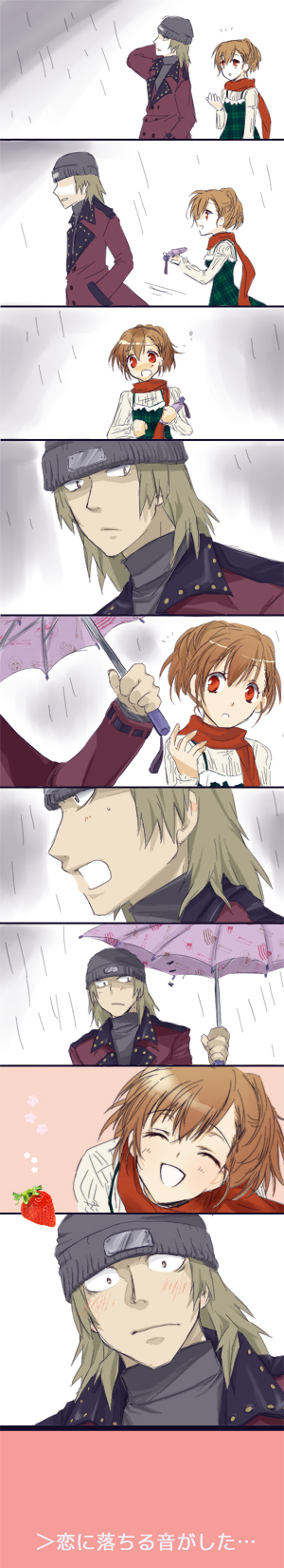 ichimatsu shiro, aragaki shinjirou, shiomi kotone, atlus, persona, persona 3, persona 3 portable, highres, long image, tall image, 1boy, 1girl, beanie, blush, closed eyes, coat, comic, couple, hat, hetero, rain, scarf, smile, trench coat, umbrella