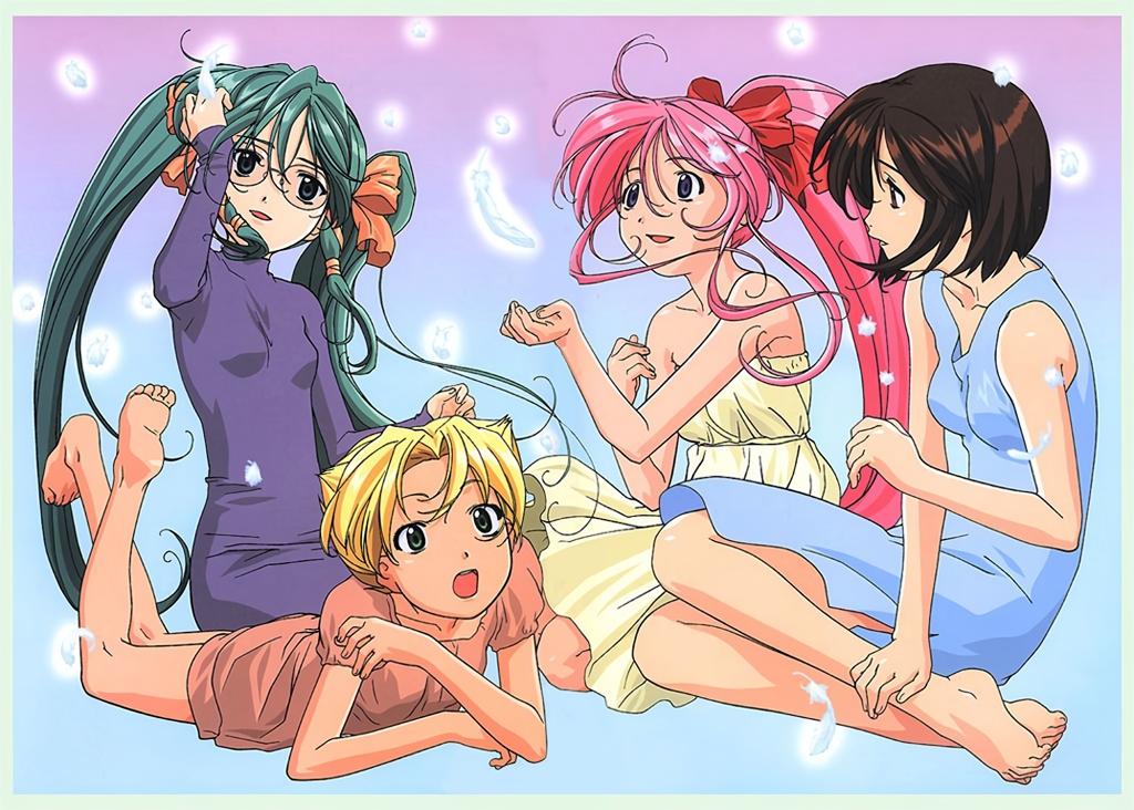 chiba yuriko, excelia, karinka, kurumi (koutetsu tenshi kurumi), saki (koutetsu tenshi kurumi), koutetsu tenshi kurumi, koutetsu tenshi kurumi zero, non-web source, official art, photoshop (medium), 4girls, :d, :o, adjusting hair, anime coloring, antenna hair, bare shoulders, barefoot, black hair, blonde hair, blue dress, blue eyes, bob cut, border, bow, breasts, casual, dress, feathers, feet, feet up, flat chest, glasses, green eyes, green hair, hair bow, head tilt, kneepits, long hair, long sleeves, looking ahead, looking at another, looking at viewer, lying, multiple girls, on stomach, open mouth, outstretched hand, pink hair, ponytail, purple eyes, red eyes, retro artstyle, short dress, short hair, short sleeves, sitting, sleeveless, sleeveless dress, small breasts, smile, soles, strapless, strapless dress, sundress, the pose, turtleneck, twintails, very long hair