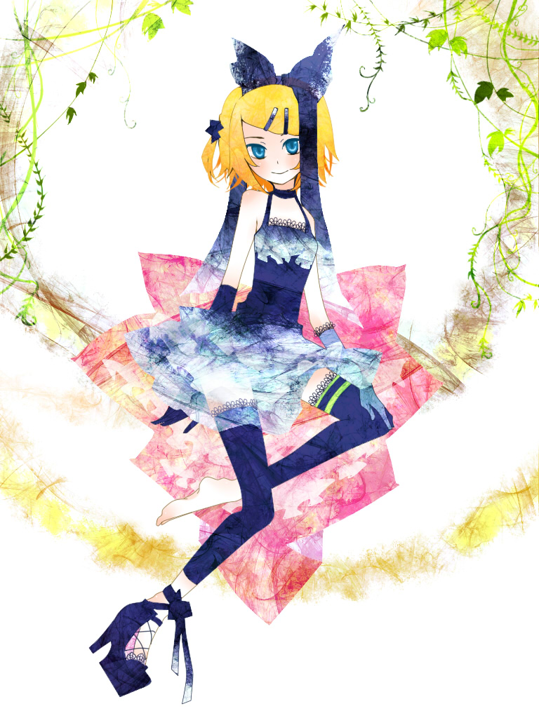 aono ajiru, aono ajiru (pixiv), kagamine rin, vocaloid, bad id, bad pixiv id, 1girl, bare shoulders, blonde hair, blue eyes, choker, detached sleeves, dress, female focus, full body, hair ornament, hair ribbon, hairclip, ribbon, shoes, short hair, single shoe, sitting, skirt, smile, solo, thighhighs, white background, zettai ryouiki