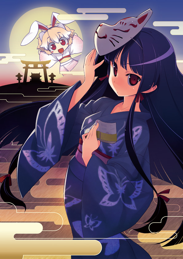 sumaki shungo, rental fullmoon, bad id, bad pixiv id, 2girls, animal ears, blonde hair, blush, book, egasumi, flat chest, fox mask, japanese clothes, kimono, long hair, mask, moon rabbit, multiple girls, purple hair, rabbit ears, red eyes, shrine, stone lantern, torii