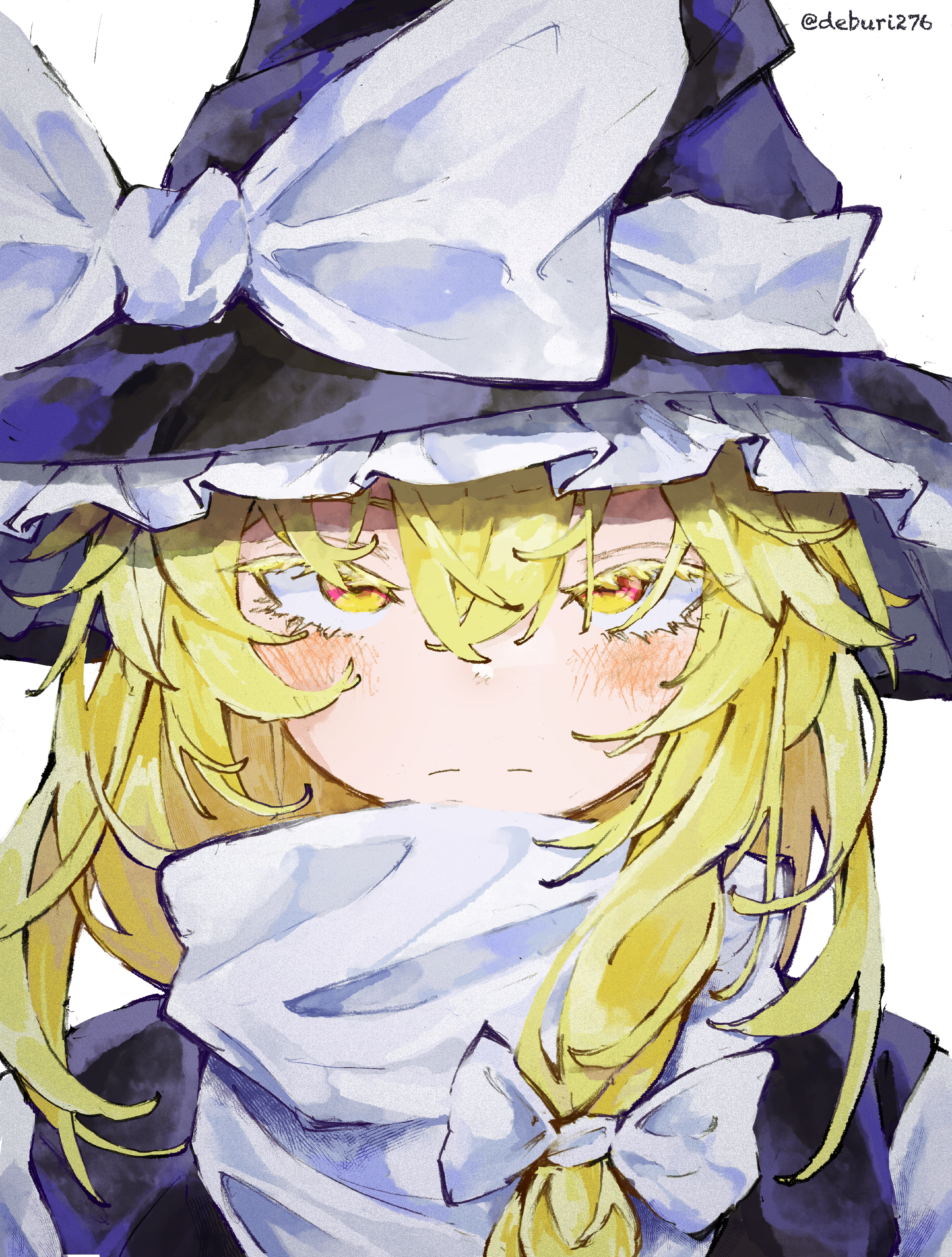 deburi276, kirisame marisa, touhou, absurdres, commentary, highres, 1girl, black vest, blonde hair, blush, braid, closed mouth, expressionless, hair between eyes, hair ribbon, hat, hat ribbon, long hair, looking at viewer, portrait, ribbon, shirt, solo, turtleneck, twitter username, vest, white background, white shirt, witch hat, yellow eyes
