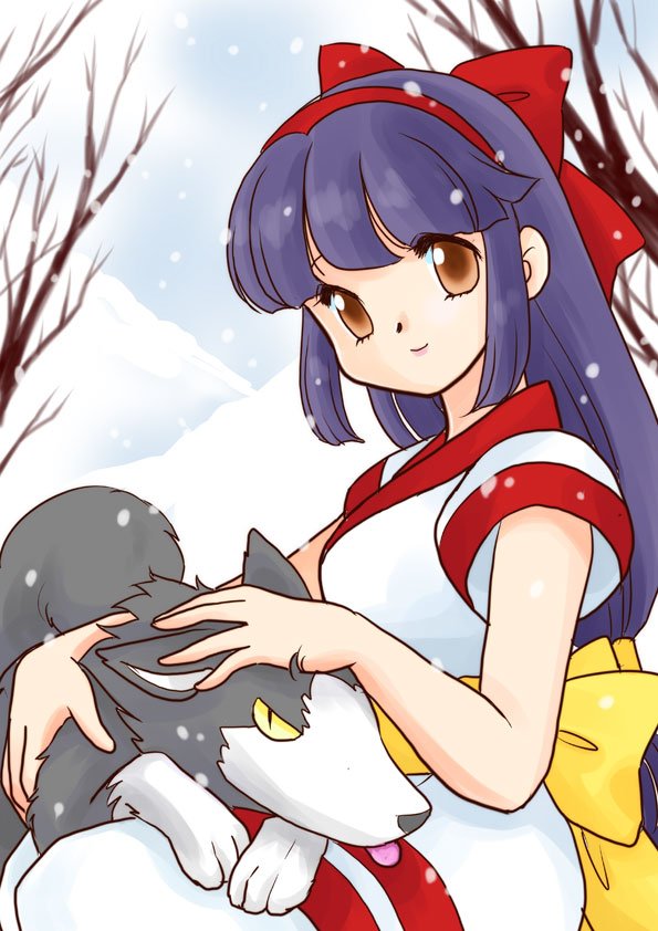 kisaragi miyuki, nakoruru, samurai spirits, commentary request, 1girl, ainu clothes, animal, animal on lap, back bow, bare tree, black hair, bow, brown eyes, closed mouth, hair bow, hairband, long hair, looking at viewer, looking to the side, low-tied long hair, on lap, outdoors, pants, red bow, red hairband, sash, short sleeves, sitting, snow, snowing, takemoto izumi (style), tree, turning head, white pants, wolf, yellow bow, yellow sash