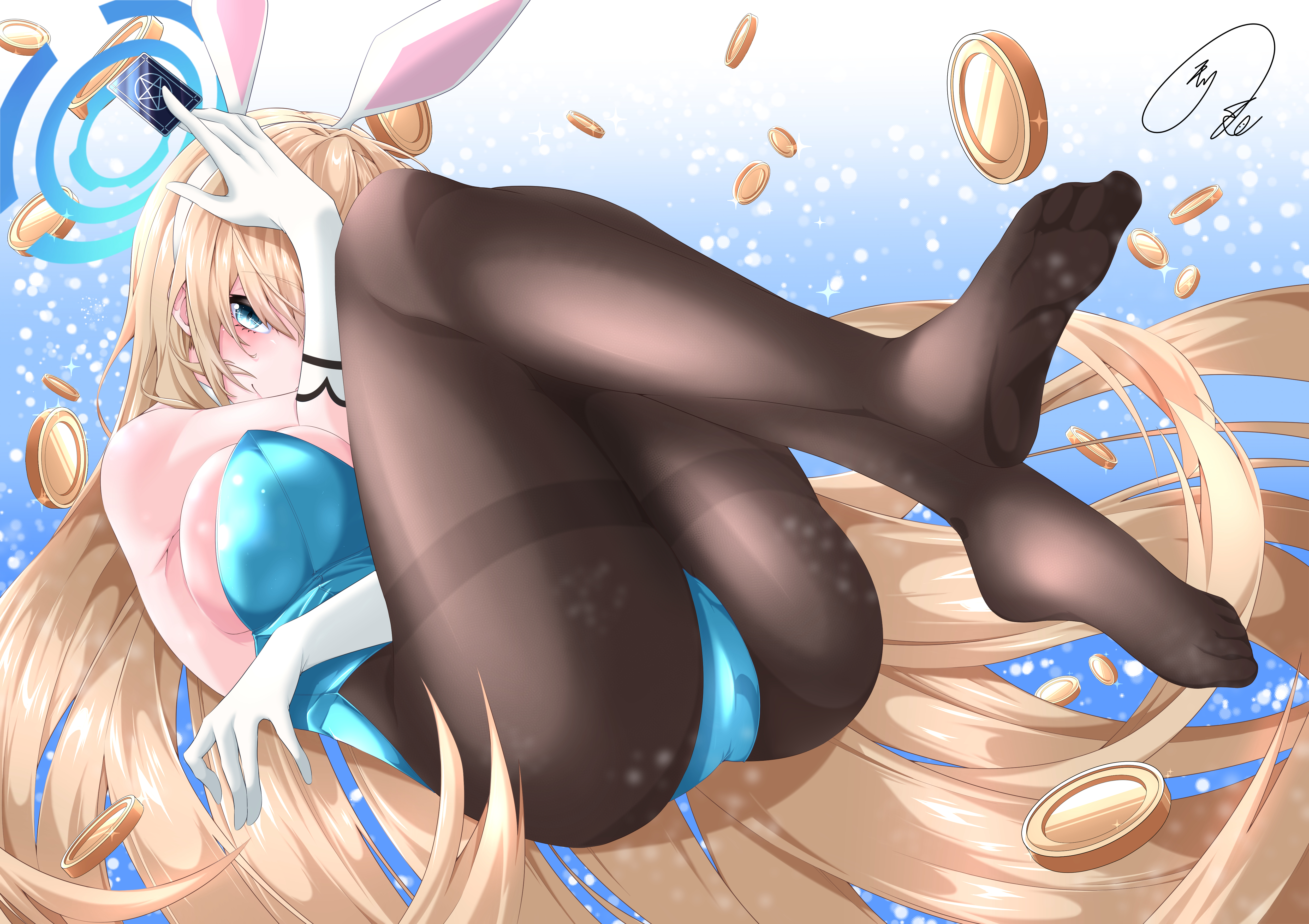 maximum7010, asuna (blue archive), asuna (bunny) (blue archive), blue archive, absurdres, commentary, highres, 1girl, animal ear hairband, animal ears, ass, bare shoulders, black pantyhose, blonde hair, blue background, blue eyes, blue halo, blue leotard, blush, breasts, card, closed mouth, coin, fake animal ears, feet, floating hair, full body, glint, gloves, hair between eyes, hairband, halo, highleg, highleg leotard, holding, holding card, knees together feet apart, large breasts, legs, leotard, long hair, looking at viewer, lying, no shoes, official alternate costume, on back, pantyhose, playboy bunny, rabbit ears, signature, simple background, smile, soles, solo, strapless, strapless leotard, thighband pantyhose, thighs, toes, very long hair, white gloves, white hairband