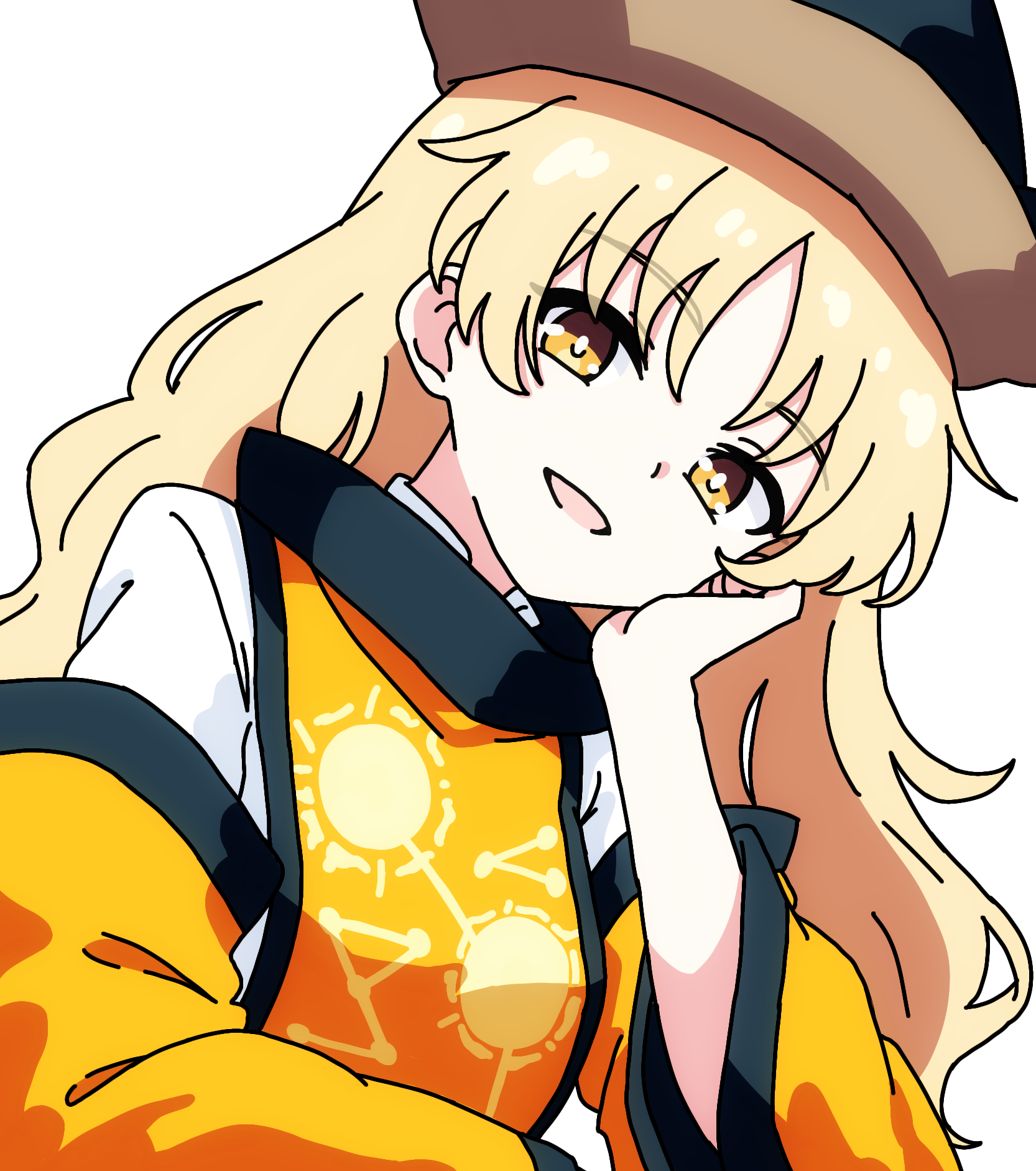 pioartstuff, matara okina, touhou, commentary, highres, 1girl, black hat, blonde hair, detached sleeves, hand on own cheek, hand on own face, hat, long hair, long sleeves, looking at viewer, open mouth, orange sleeves, orange tabard, simple background, smile, solo, tabard, white background, wide sleeves, yellow eyes