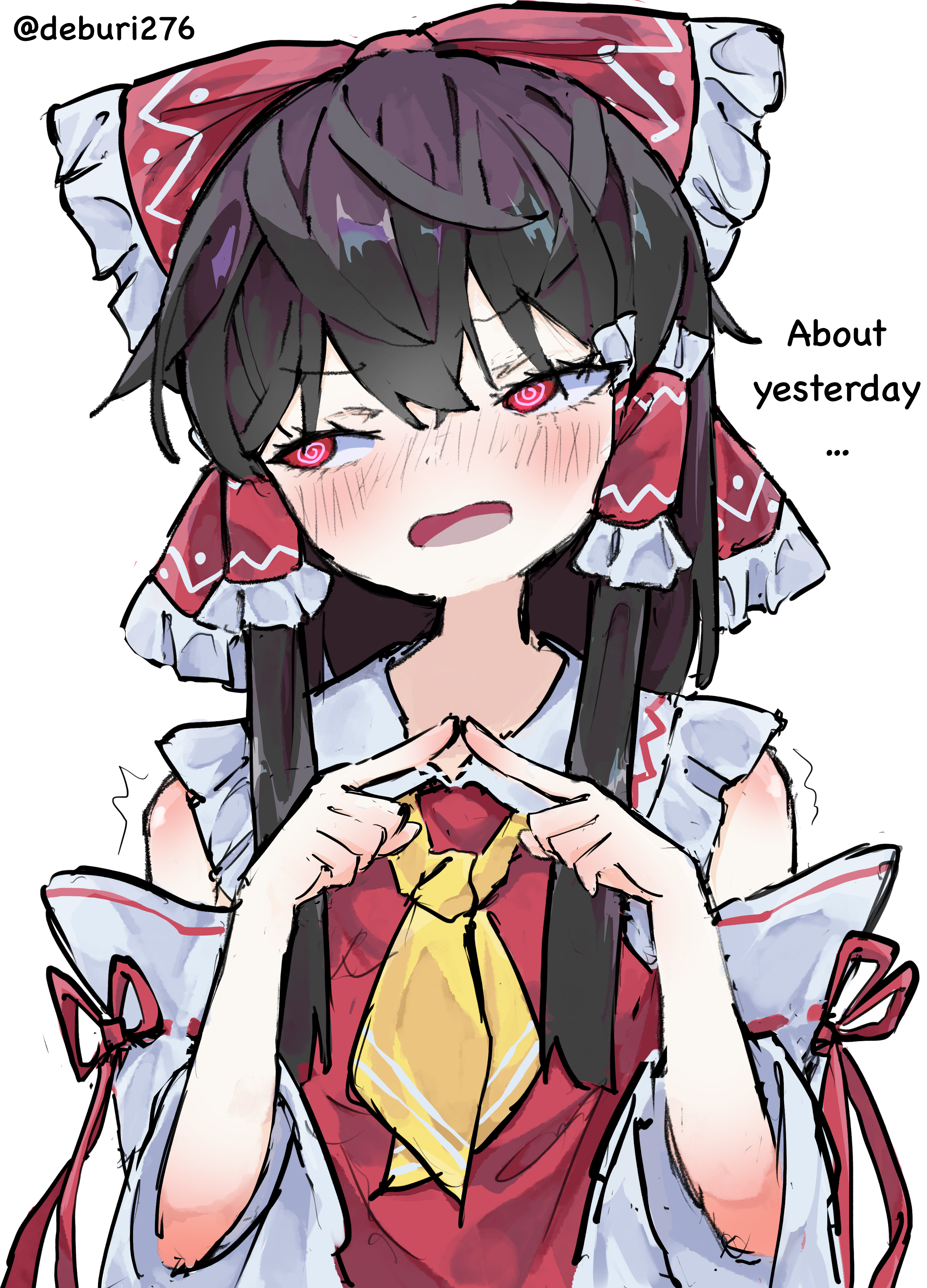 deburi276, hakurei reimu, touhou, absurdres, commentary, highres, 1girl, @ @, ascot, bare shoulders, black hair, blush, bow, detached sleeves, embarrassed, english text, hair between eyes, hair tubes, index fingers together, long hair, long sidelocks, looking to the side, parted lips, red bow, red eyes, red shirt, shirt, sidelocks, sleeveless, sleeveless shirt, solo, twitter username, upper body, white background, yellow ascot