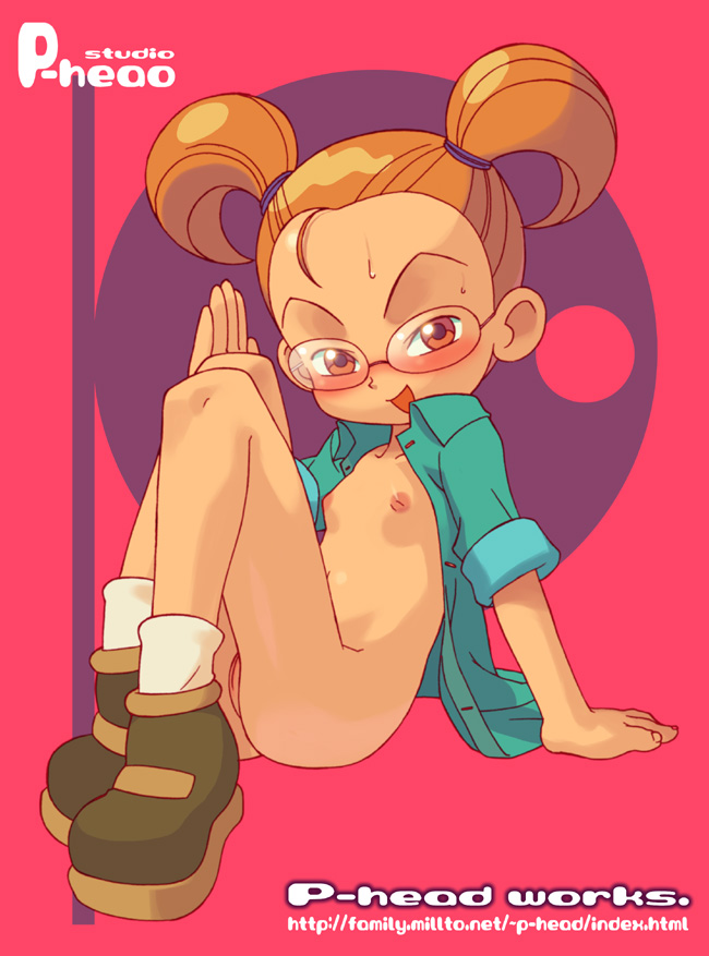 ishikawa hideki, shimakura kaori, ojamajo doremi, brown footwear, 1girl, arm support, ass, blush, brown hair, cleft of venus, collarbone, flat chest, glasses, green shirt, inverted nipples, loli, long hair, looking at viewer, naked shirt, navel, nipples, open clothes, open mouth, open shirt, pussy, red background, shirt, shoes, short sleeves, sitting, smile, socks, sweat, twintails, uncensored, waving, white socks