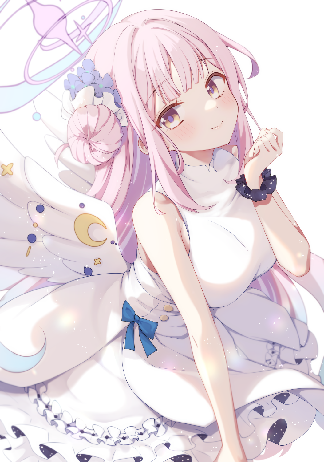 gomano rio, mika (blue archive), blue archive, highres, 1girl, angel wings, black scrunchie, breasts, buttons, closed mouth, cover image, crescent, dress, feathered wings, flower, gradient halo, hair bun, hair flower, hair ornament, halo, light blush, long hair, looking at viewer, low wings, medium breasts, multicolored halo, pink hair, pink halo, purple eyes, scrunchie, simple background, single hair bun, single side bun, sleeveless, sleeveless dress, smile, solo, very long hair, white background, white dress, white wings, wing ornament, wings, wrist scrunchie, yellow eyes