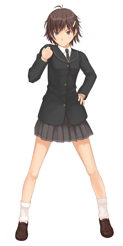 aihara kaichi, kaichi, itou kanae (amagami), amagami, bad id, bad pixiv id, long image, tall image, 1girl, antenna hair, black necktie, blazer, brown eyes, brown hair, brown shoes, clenched hand, female focus, full body, hair ornament, hairclip, hand on own hip, hip focus, jacket, legs, legs apart, necktie, parody, pleated skirt, school uniform, shoes, short hair, simple background, skirt, smile, socks, solo, standing, style parody, white socks