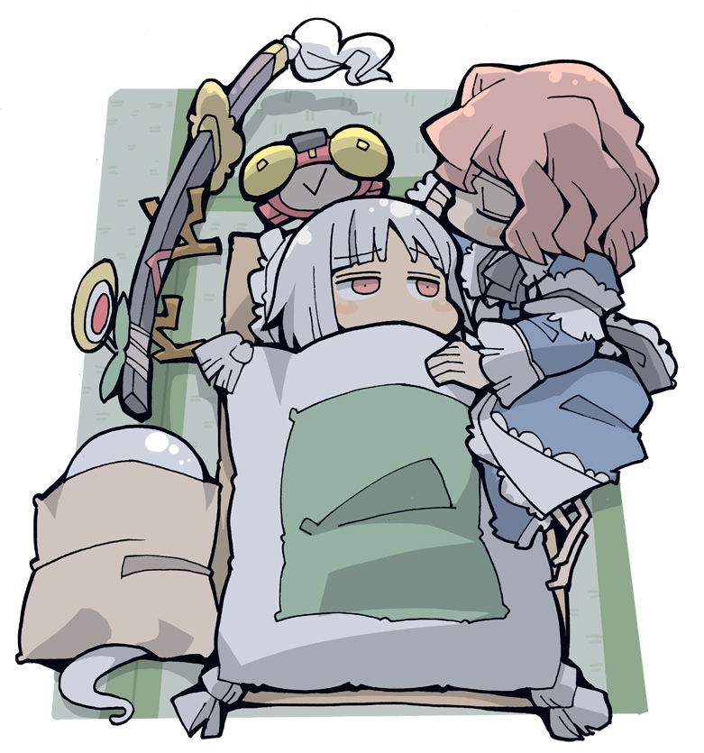 hounori, konpaku youmu, konpaku youmu (ghost), saigyouji yuyuko, touhou, silver hair, 2girls, alarm clock, bed, chibi, clock, female focus, fire flower, flower, ghost, hairband, katana, multiple girls, pink hair, red eyes, sheath, sheathed, short hair, sword, weapon