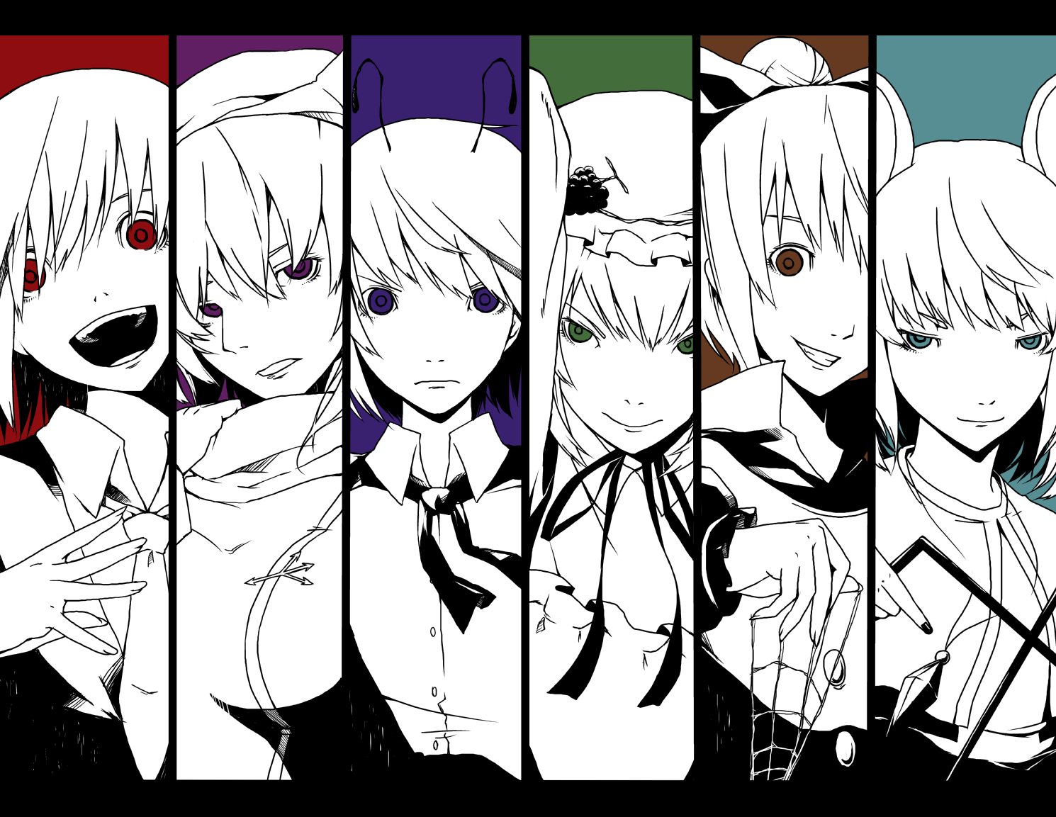 haruba negi, shiro negi, aki minoriko, kurodani yamame, letty whiterock, nazrin, rumia, wriggle nightbug, touhou, 6+girls, column lineup, female focus, letterboxed, monochrome, multiple girls, spot color