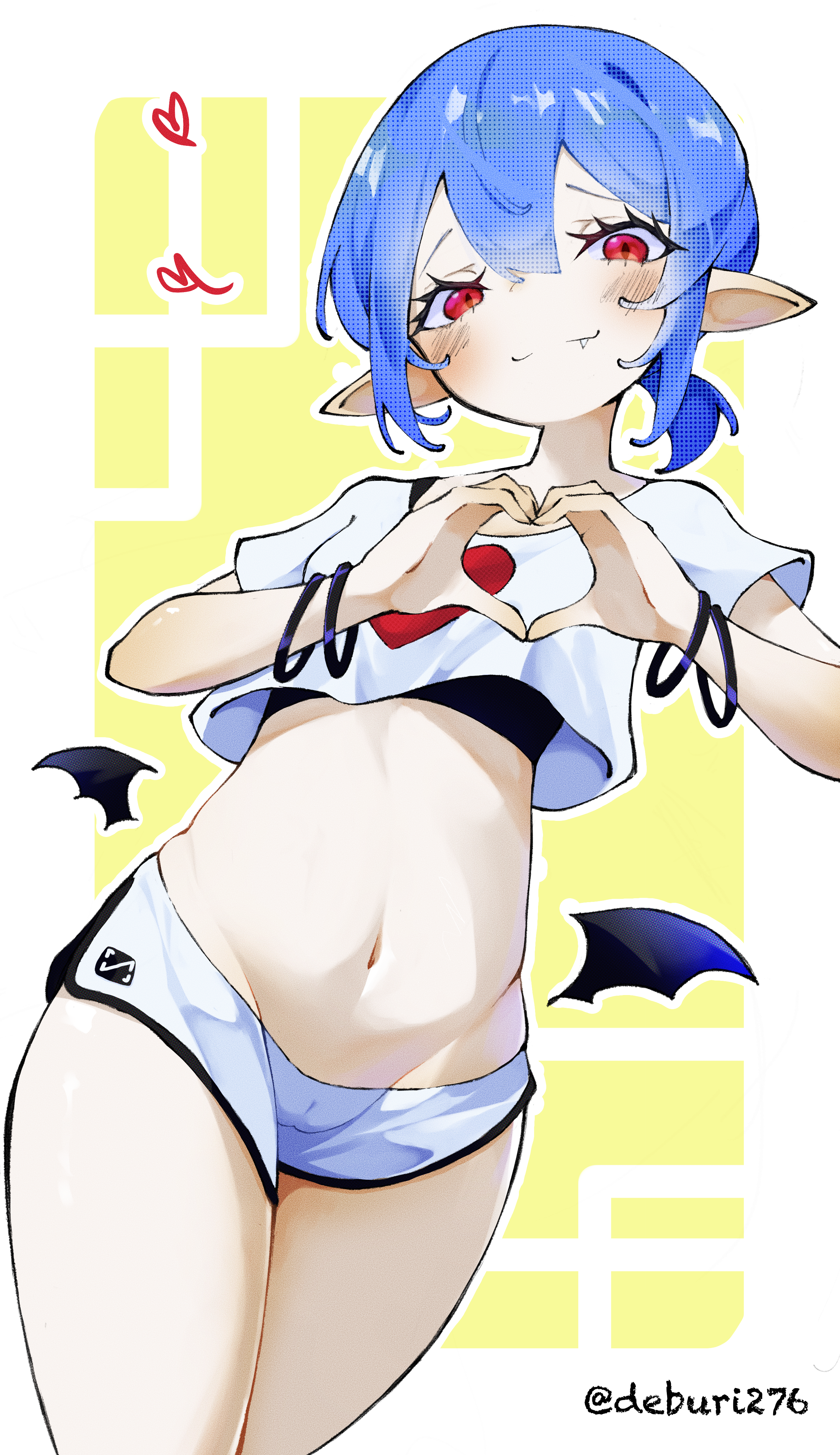 deburi276, remilia scarlet, touhou, absurdres, commentary, highres, 1girl, alternate costume, bat wings, belly, black sports bra, blue hair, blush, bracelet, cameltoe, closed mouth, fang, hair between eyes, heart, heart hands, jewelry, looking at viewer, medium hair, midriff, navel, no headwear, pointy ears, ponytail, red eyes, shirt, short ponytail, short sleeves, shorts, smile, solo, sports bra, sports bra peek, t-shirt, thighs, twitter username, vampire, white shirt, white shorts, wings