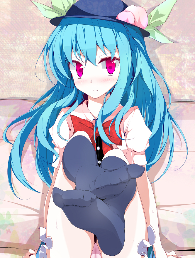 oouso, hinanawi tenshi, touhou, bad id, bad pixiv id, 1girl, blue hair, feet, female focus, food, foot focus, fruit, hat, long hair, panties, pantyshot, peach, red eyes, sitting, socks, soles, solo, underwear