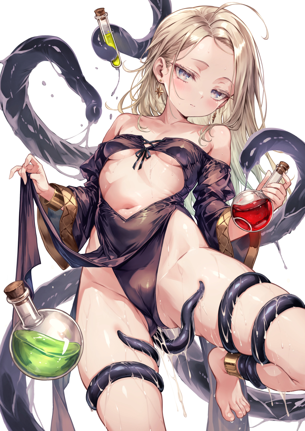 harino646, comiket 107, original, highres, 1girl, ahoge, alchemist, anklet, bare shoulders, barefoot, beaker, black leotard, blonde hair, blue eyes, blush, breasts, cameltoe, center opening, closed mouth, collarbone, earrings, flask, gold anklet, gold trim, holding, holding flask, jewelry, leotard, long hair, long sleeves, looking at viewer, monster, navel, potion, restrained, slime (substance), small breasts, solo, tentacles, test tube, toes, underboob, wide sleeves