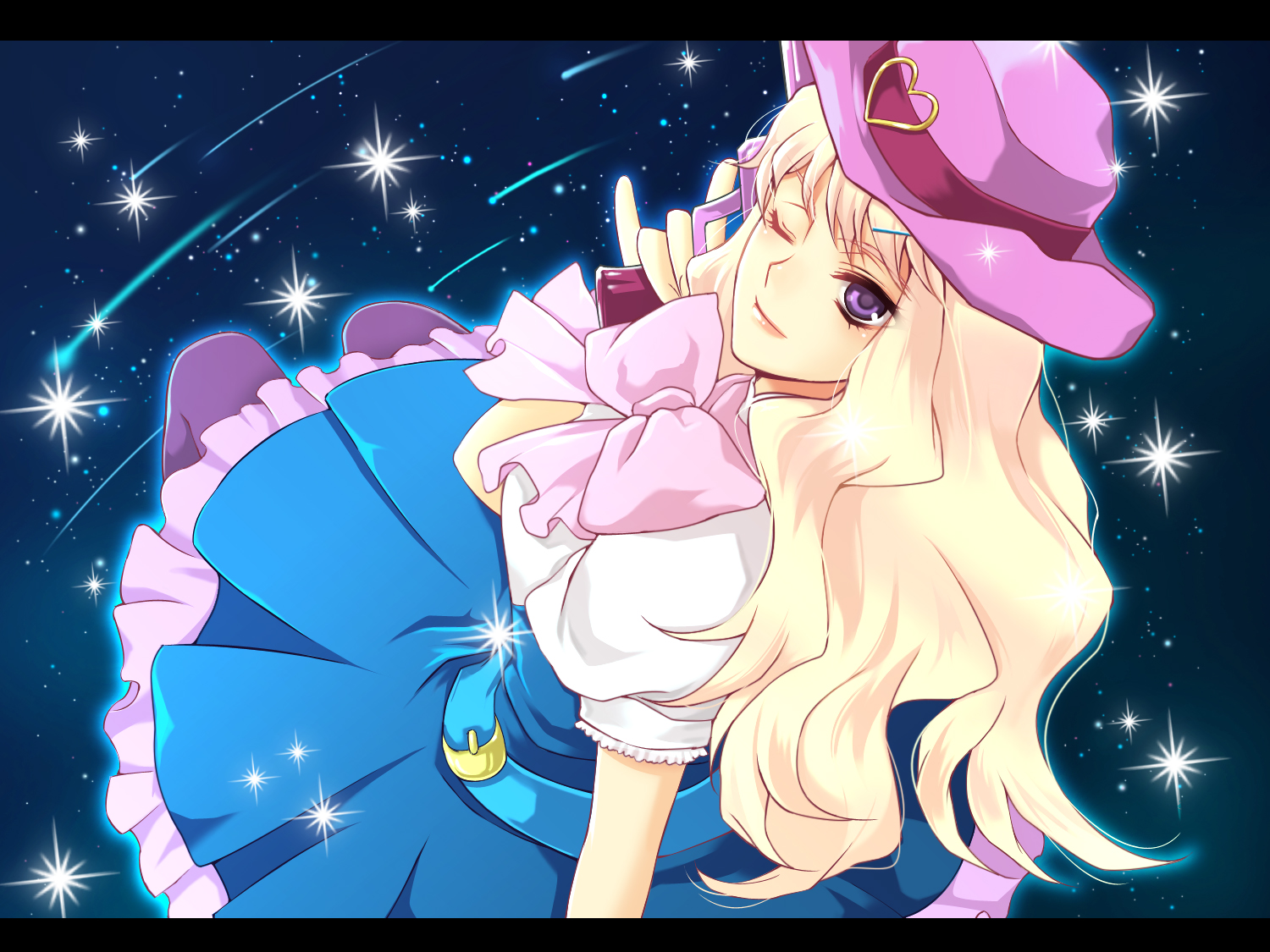 hirose azumi, sheryl nome, macross, macross frontier, macross frontier: itsuwari no utahime, bad id, bad pixiv id, 00s, 1girl, belt, blonde hair, cowboy hat, cowboy western, dress, female focus, gun, hat, long hair, one eye closed, purple eyes, solo, trigger discipline, weapon, wink