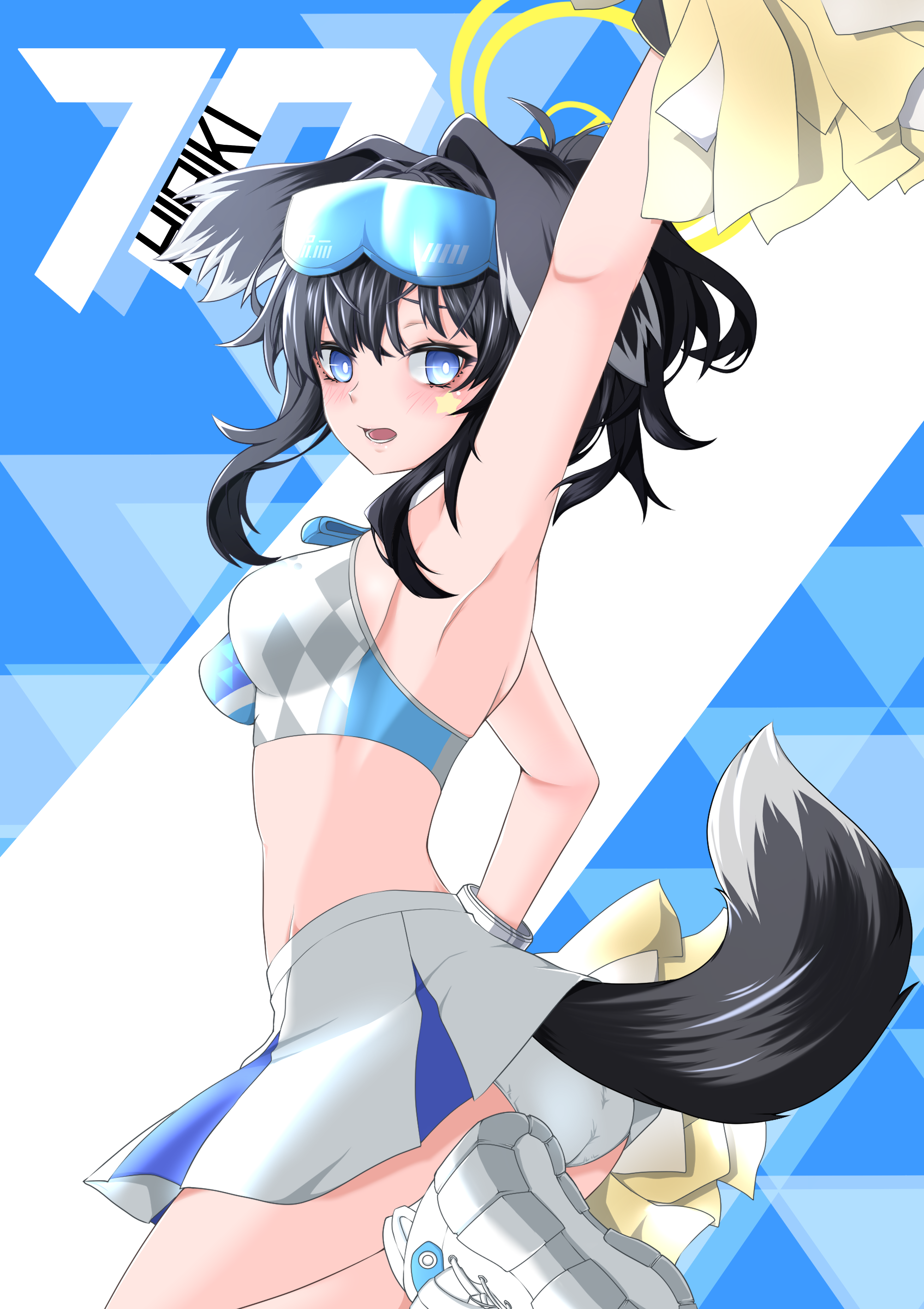 maximum7010, hibiki (blue archive), hibiki (cheer squad) (blue archive), blue archive, absurdres, commentary, highres, 1girl, animal ears, arm up, armpits, ass, black hair, blue background, blue eyes, blush, breasts, bright pupils, character name, cheering, cheerleader, clothes lift, cowboy shot, dog ears, dog girl, dog tail, floating hair, floppy ears, from side, goggles, goggles on head, hair between eyes, hair intakes, halo, holding, holding pom poms, long hair, looking at viewer, medium breasts, millennium science school logo, miniskirt, official alternate costume, official alternate hairstyle, open mouth, panties, pantyshot, pleated skirt, pom pom (cheerleading), pom poms, ponytail, sidelocks, simple background, skirt, skirt lift, solo, sports bra, standing, standing on one leg, star (symbol), star sticker, sticker, sticker on face, tail, two-tone background, underwear, white background, white panties, white pupils, white skirt, yellow halo