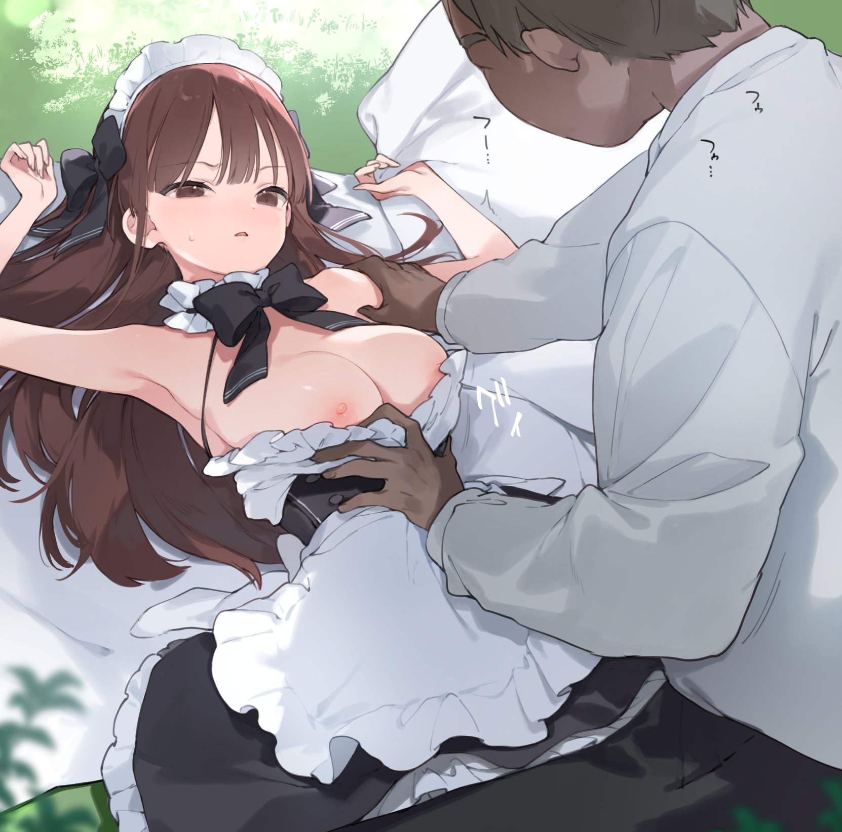 fujiyama, original, highres, 1boy, 1girl, apron, armpits, black bow, black bowtie, black dress, bow, bowtie, breasts, brown eyes, brown hair, dress, grabbing another's shoulder, hair bow, long hair, lying, maid, maid headdress, nipples, on back, shirt, sweat, white apron, white shirt