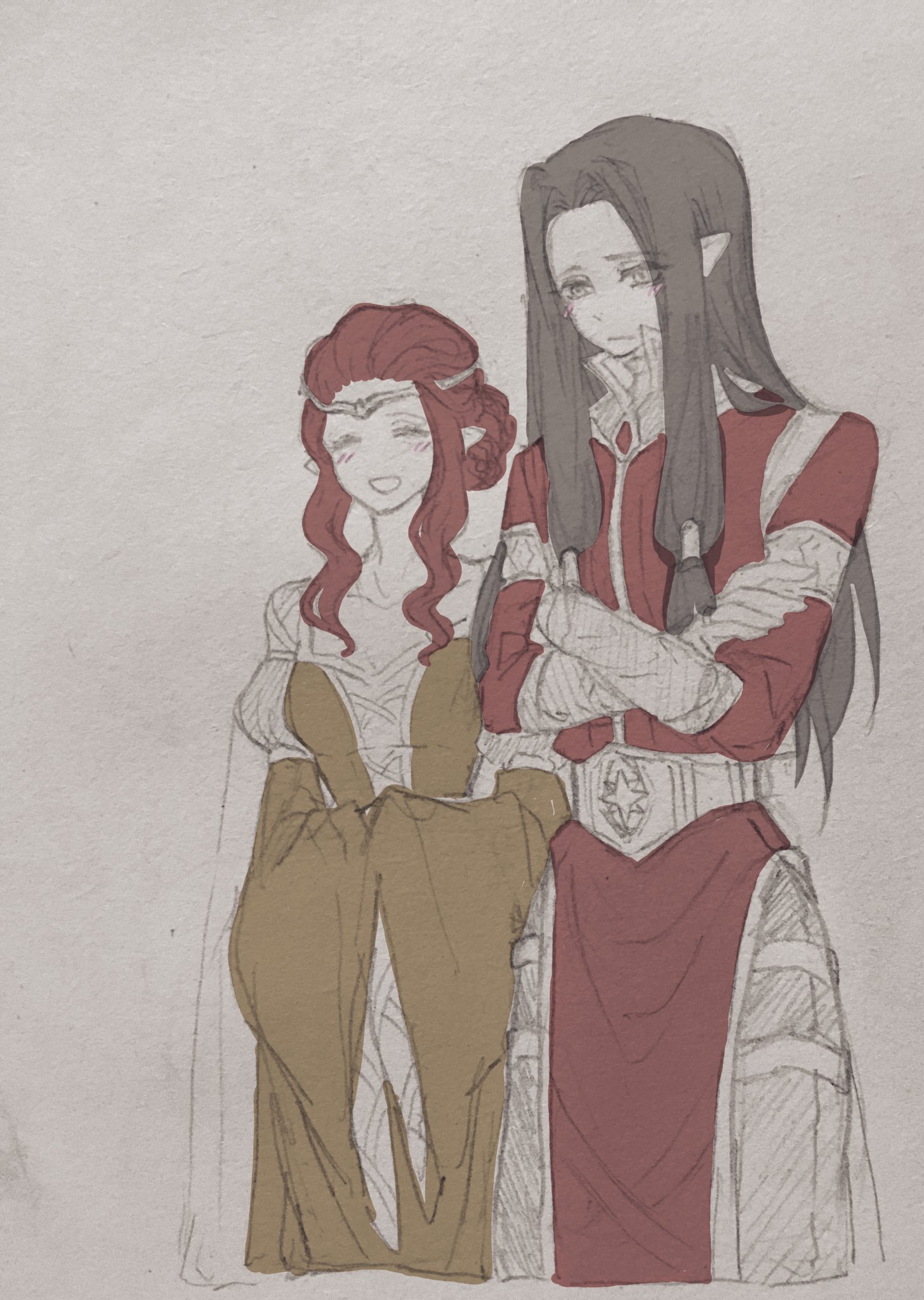 bumblebeww, feanor, nerdanel, the silmarillion, tolkien's legendarium, 1boy, 1girl, belt, black hair, blush, circlet, closed eyes, closed mouth, collar, crossed arms, dress, elf, eyes visible through hair, happy, height difference, high collar, husband and wife, jewelry, long hair, long sleeves, looking down, open mouth, parted bangs, pointy ears, red hair, sidelocks, simple background, smile, star (symbol)