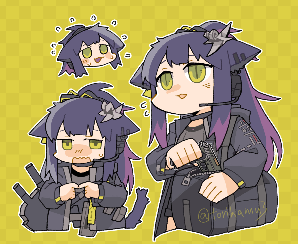 konno akikaze, jessica (arknights), jessica the liberated (arknights), arknights, commentary request, 1girl, animal ears, bag, black bag, black jacket, cat ears, cat girl, cat tail, checkered background, cropped legs, fidgeting, flying sweatdrops, green eyes, gun, hair ornament, handgun, holding, holding gun, holding weapon, index fingers together, jacket, looking to the side, microphone, multicolored hair, multiple views, outline, ponytail, purple hair, sidelocks, slit pupils, staccato 2011, streaked hair, tail, twitter username, weapon, yellow background