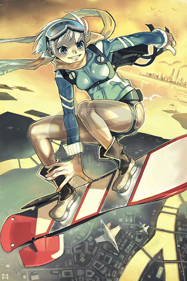 yahagi yuhichi, original, jet, 1girl, aircraft, airplane, backpack, bag, bird, blue eyes, boots, cityscape, female focus, flying, full body, goggles, grin, hoverboard, jacket, outdoors, pantyhose, randoseru, scarf, short hair, sky, smile, solo, squatting, sunset, track jacket, water, watermark, white hair