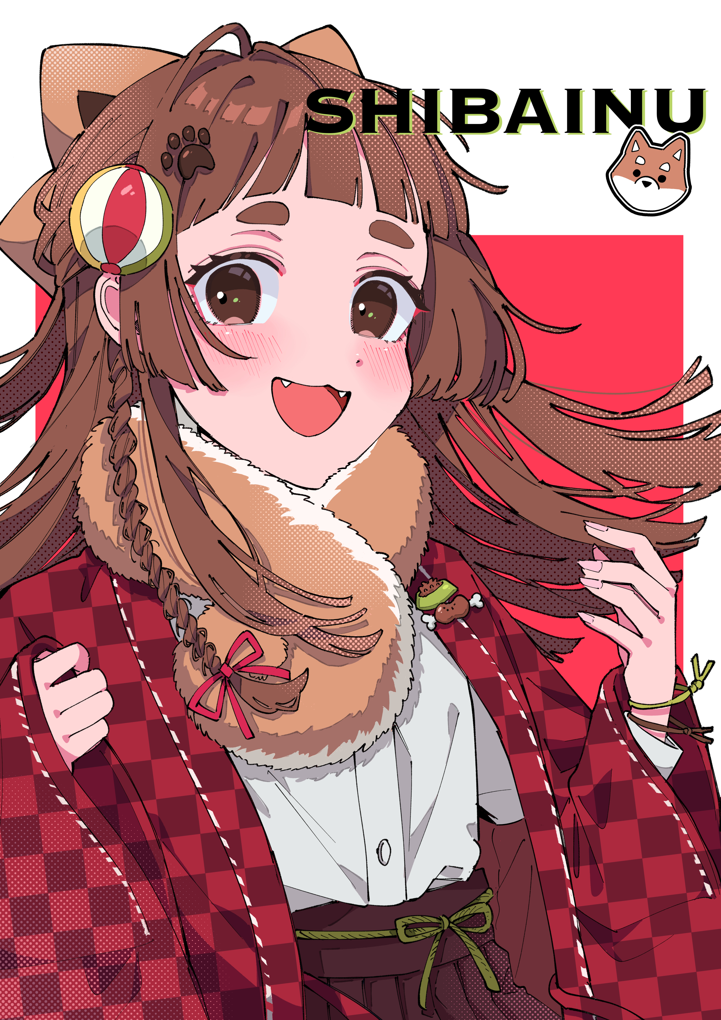 maria komaki, original, absurdres, highres, 1girl, braid, brown eyes, brown hair, checkered haori, dog, fur collar, haori, japanese clothes, long hair, long sleeves, looking at viewer, open mouth, personification, pleated skirt, red haori, shiba inu, shirt, side braid, skirt, smile, solo, upper body, white shirt, wide sleeves