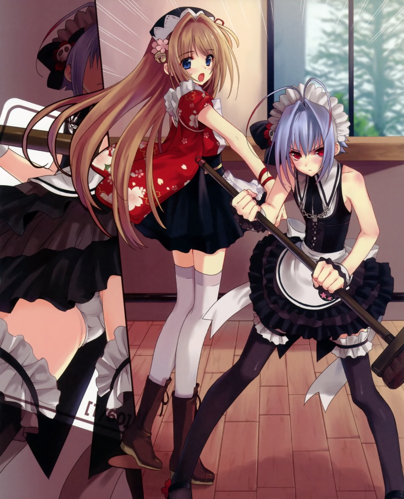 kasukabe akira, nao (otosuki), yuki (otosuki), otoko no ko wa meido fuku ga osuki!?, black legwear, white legwear, 2boys, antenna hair, bell, blue eyes, blue hair, boots, broom, brown hair, crossdressing, crossdressing (mtf), japanese clothes, legs, lolita fashion, long hair, looking at viewer, maid, maid headdress, multiple boys, open mouth, panties, red eyes, short hair, thighhighs, trap, underwear, wa lolita, white panties