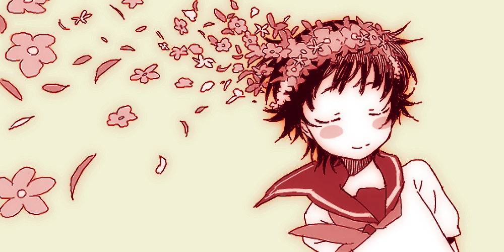 hijiri rei, uiharu kazari, toaru kagaku no railgun, toaru majutsu no index, 00s, 1girl, black hair, blush, closed eyes, female focus, flower, gradient background, hair ornament, head wreath, monochrome, school uniform, serafuku, solo