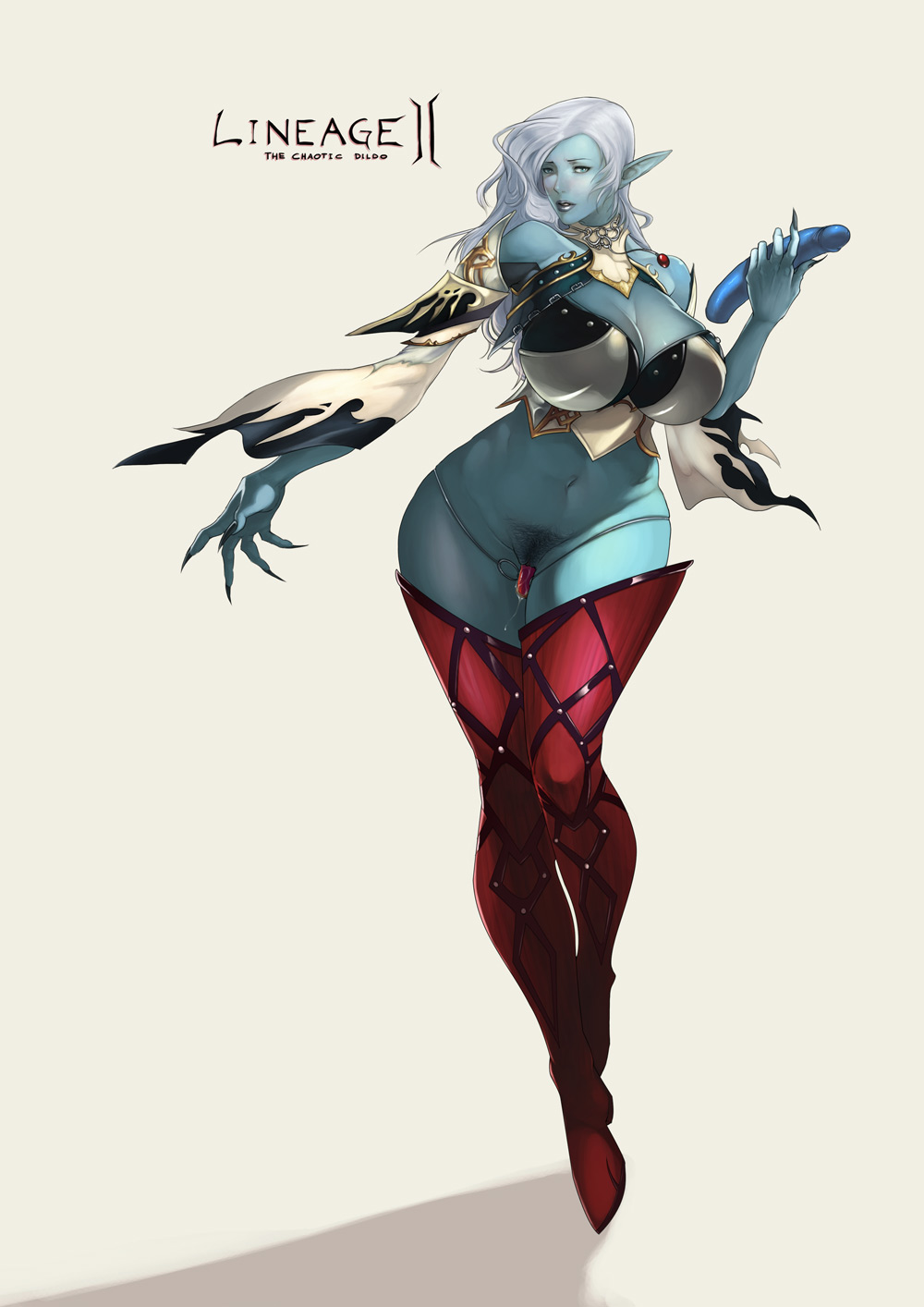 blackchain, rennes, rennes (artist), lineage, lineage 2, derivative work, highres, blue skin, boots, breasts, cleavage, curvy, dark elf, dildo, elf, fantasy, huge breasts, long hair, parody, pointy ears, pubic hair, pussy juice, thigh boots, thighhighs, wavy hair, white hair, wide hips