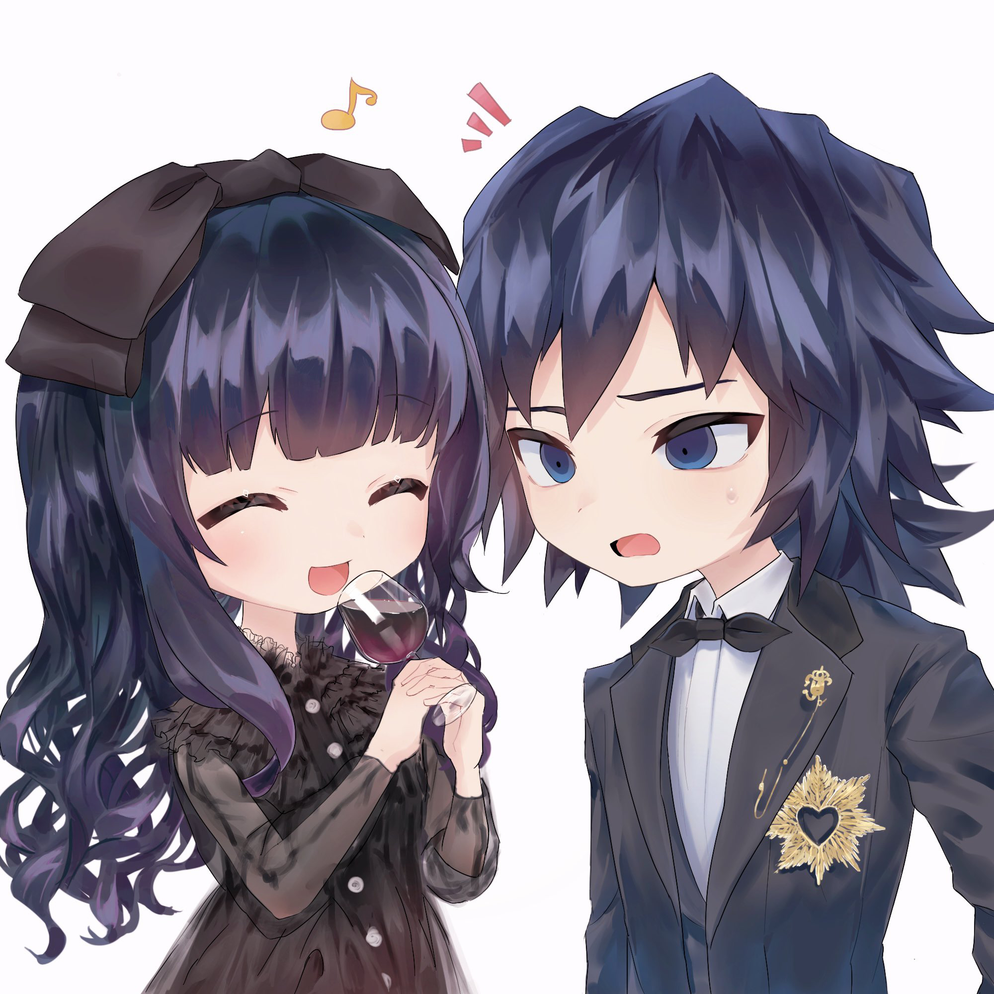 okubatomaeba, tomioka giyuu, kimetsu no yaiba, character request, commentary request, commission, highres, 1boy, 1girl, :d, alcohol, black bow, black bowtie, black dress, black hair, black jacket, blue eyes, blue hair, blunt bangs, bow, bowtie, buttons, choppy bangs, closed eyes, contemporary, cup, deformed, dress, drinking glass, hair bow, holding, holding cup, jacket, long hair, long sleeves, looking at another, musical note, notice lines, open mouth, see-through clothes, see-through sleeves, shirt, simple background, smile, white background, white shirt, wine, wine glass