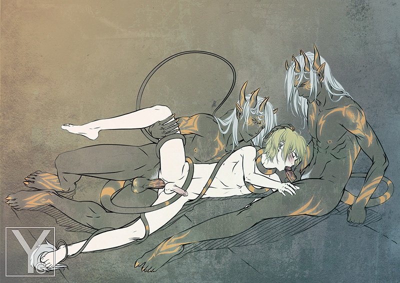 yanagoya, original, tied, 3boys, anal, closed eyes, dark skin, demon, demon boy, fellatio, group sex, horns, interracial, interspecies, monster, monster boy, monster on male, multiple boys, nude, oral, pale skin, penis, sex, spread legs, tail, tattoo, threesome, uncensored, yaoi