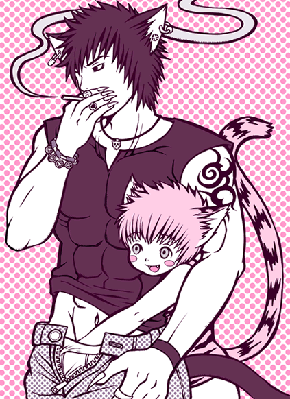 2boys, age difference, animal ears, blush, cigarette, claws, fangs, hand in pants, male focus, multiple boys, piercing, shota, smile, smoke, tail, tattoo, yaoi