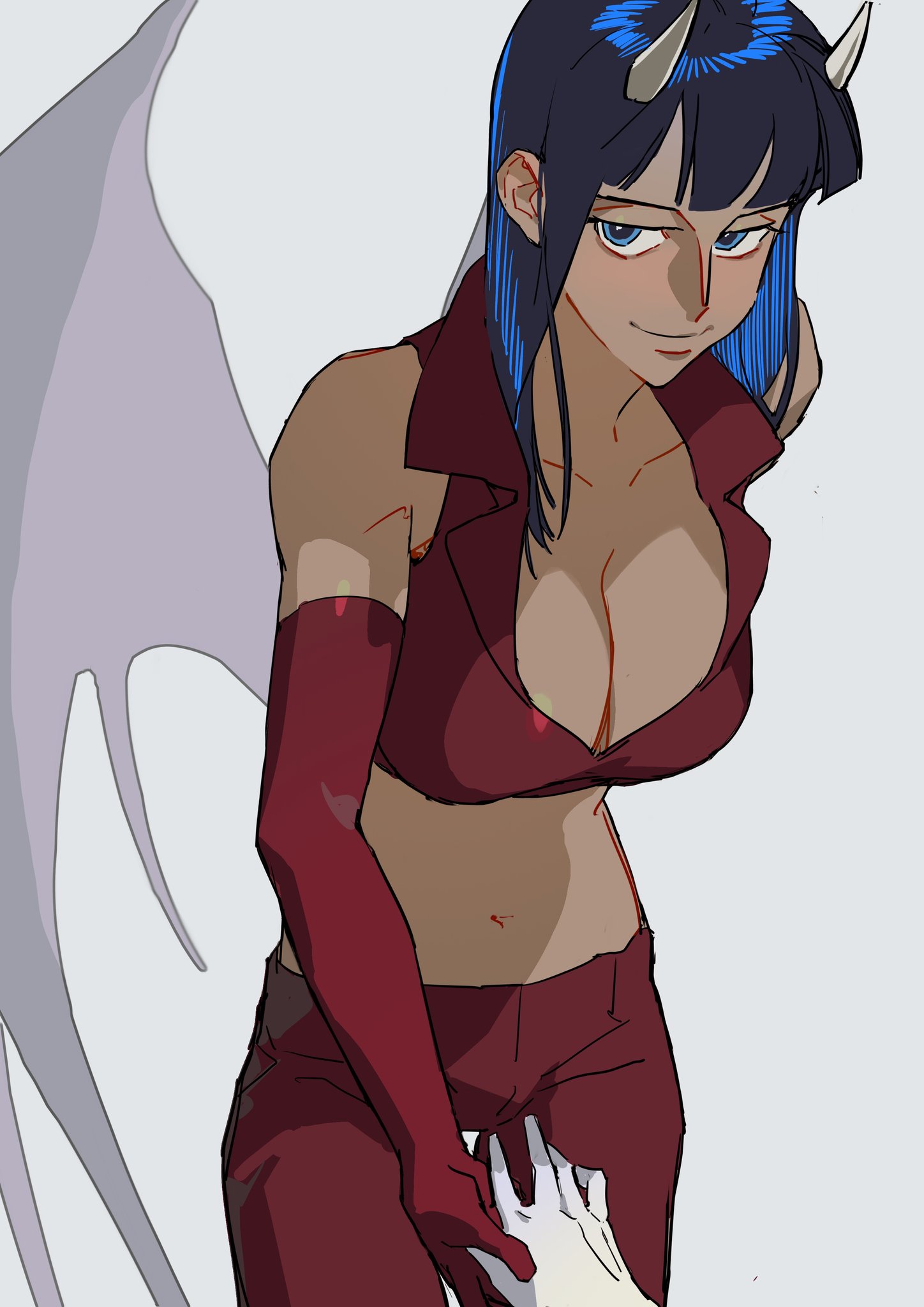 taobuliaoke, nami (one piece), nico robin, one piece, highres, 2girls, blunt bangs, breasts, cleavage, closed mouth, cowboy shot, elbow gloves, gloves, holding hands, horns, long hair, multiple girls, pants, red gloves, sidelocks, sleeveless, smile, white gloves, wings