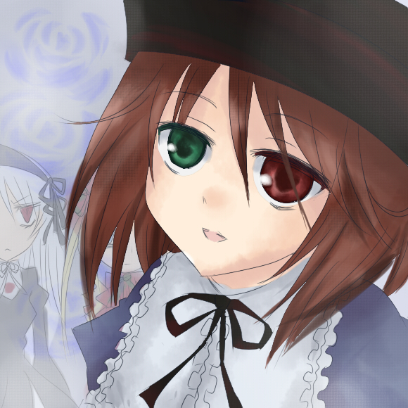 oro (zetsubou girl), shinku, souseiseki, suigintou, rozen maiden, 00s, blonde hair, brown hair, gothic lolita, grey hair, hat, heterochromia, lolita fashion, red eyes, twintails