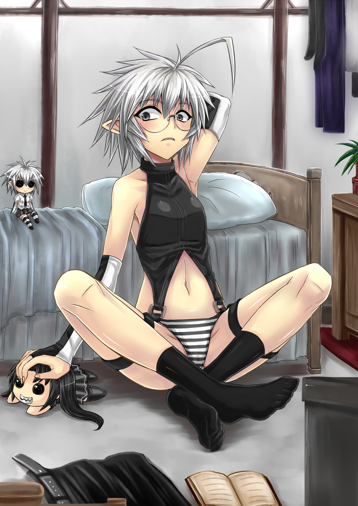 nikonikotao, original, silver hair, 1girl, armpits, bed, black eyes, black hair, book, doll, feet, female focus, garter belt, glasses, grin, navel, necktie, no pants, panties, pillow, pointy ears, short hair, skirt, smile, socks, solo, striped clothes, striped panties, underwear
