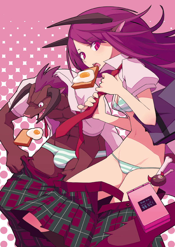yow, original, 1girl, bag, bra, bread, bread slice, bulge, cellphone, crossdressing, crossdressing (ftm), demon, demon girl, dressing, egg, egg (food), female focus, food, food in mouth, fried egg, fried egg on toast, horns, lingerie, mouth hold, necktie, panties, phone, plaid clothes, plaid skirt, pointy ears, purple eyes, purple hair, school uniform, skirt, solo, striped bra, striped clothes, striped panties, toast, toast in mouth, underwear