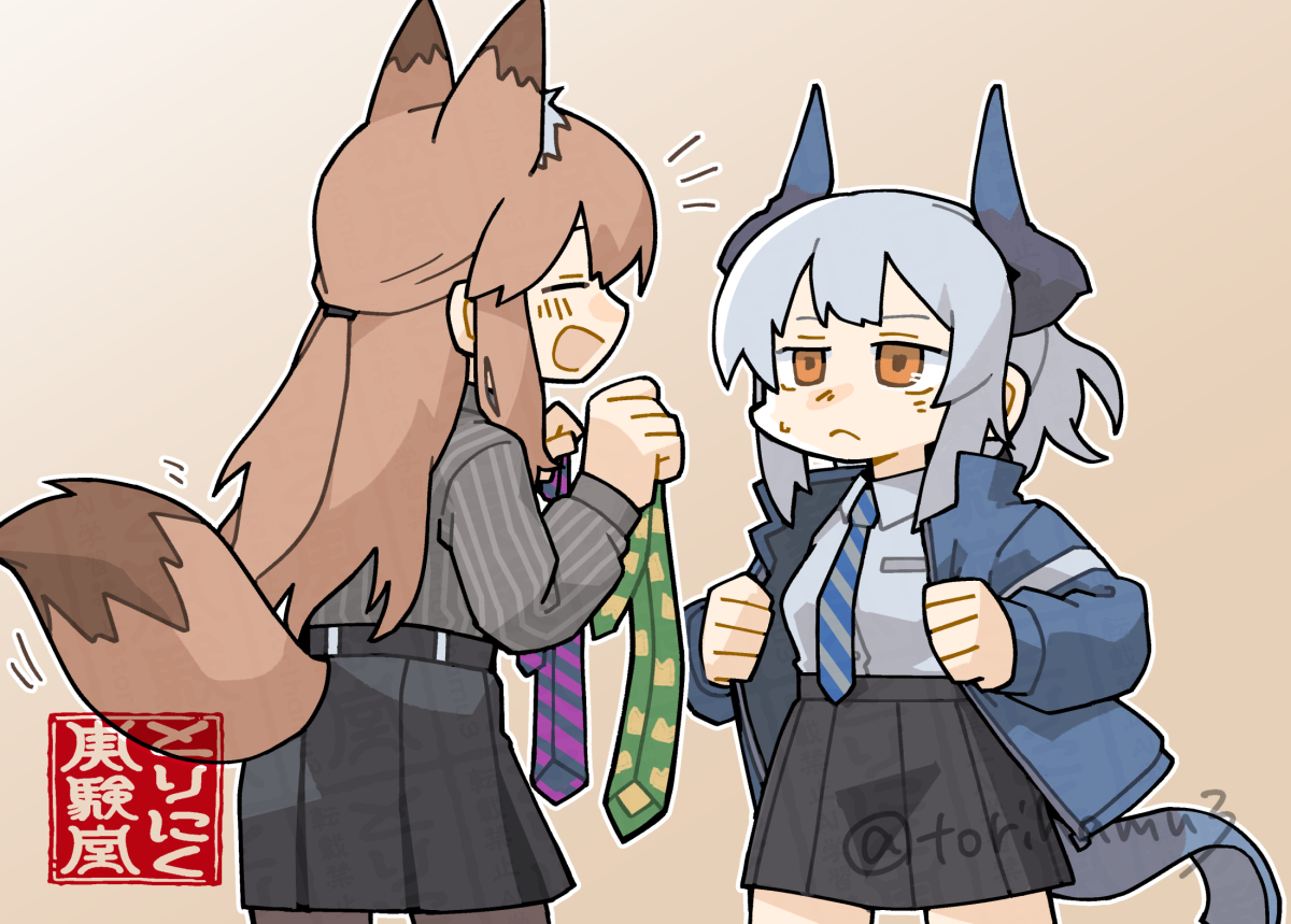 konno akikaze, franka (arknights), liskarm (arknights), arknights, commentary request, 2girls, animal ears, black skirt, blue jacket, blue necktie, brown background, closed eyes, collared shirt, diagonal-striped clothes, diagonal-striped necktie, dragon girl, dragon horns, dragon tail, fox ears, fox girl, fox tail, frown, gradient background, green necktie, grey hair, grey necktie, grey shirt, holding, holding unworn clothes, holding unworn necktie, horns, jacket, long hair, looking at another, multiple girls, necktie, open mouth, orange eyes, outline, pleated skirt, ponytail, purple necktie, shirt, short hair, simple background, skirt, smile, striped clothes, striped shirt, tail, twitter username, unworn necktie, vertical-striped clothes, vertical-striped shirt, watermark, yellow necktie