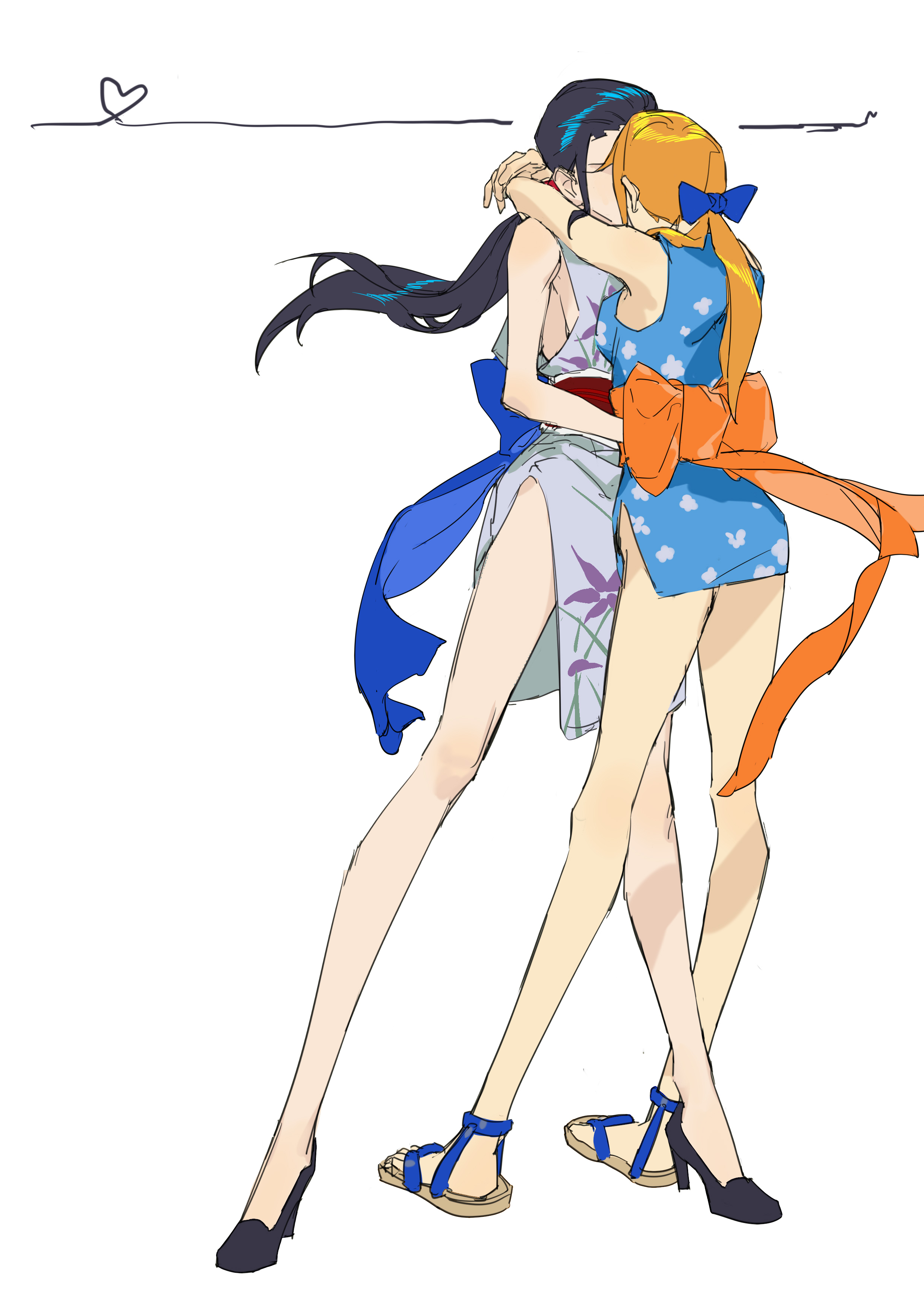 taobuliaoke, nami (one piece), nico robin, one piece, absurdres, commentary, highres, 2girls, black hair, black shoes, blue kimono, blue ribbon, closed eyes, floral print, floral print kimono, full body, hair ribbon, heart, high heels, hug, japanese clothes, kimono, kiss, multiple girls, obi, orange hair, orange sash, ponytail, print kimono, ribbon, sash, shoes, short kimono, simple background, white background