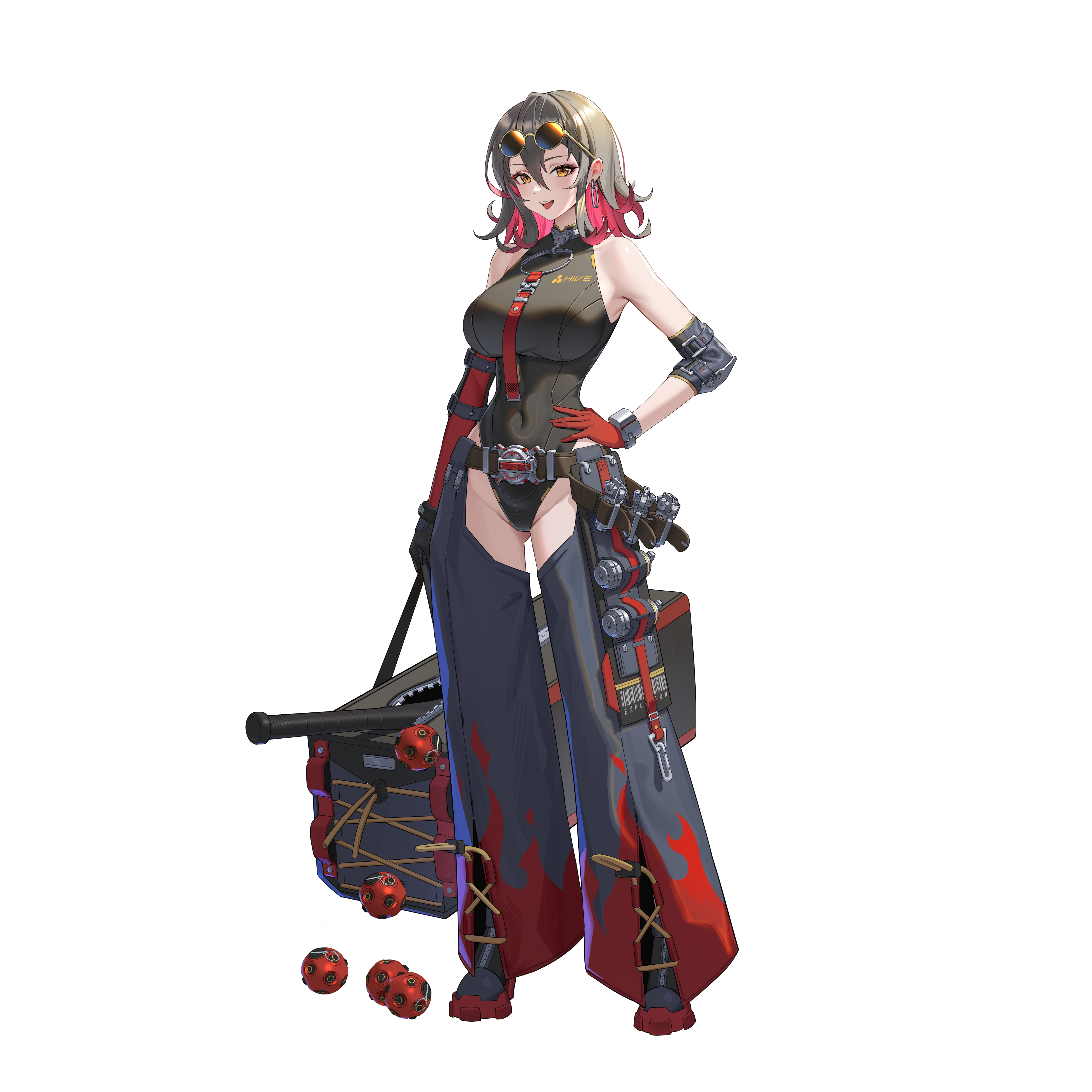 northman, original, absurdres, highres, weapon request, 1girl, arm strap, asymmetrical gloves, bag, bare shoulders, belt, black boots, black gloves, black hair, black leotard, boots, breasts, brown belt, chaps, colored inner hair, contrapposto, covered navel, diamond-shaped pupils, diamond (shape), elbow gloves, elbow pads, explosive, eyewear on head, flame print, full body, gloves, grenade, hair between eyes, hand on own hip, highleg, highleg leotard, large breasts, leotard, looking at viewer, medium hair, mismatched gloves, multicolored hair, necktie, o-ring necktie, open mouth, pink hair, red gloves, red necktie, round eyewear, simple background, smile, solo, standing, sunglasses, symbol-shaped pupils, tachi-e, two-tone hair, white background, yellow eyes, zipper earrings