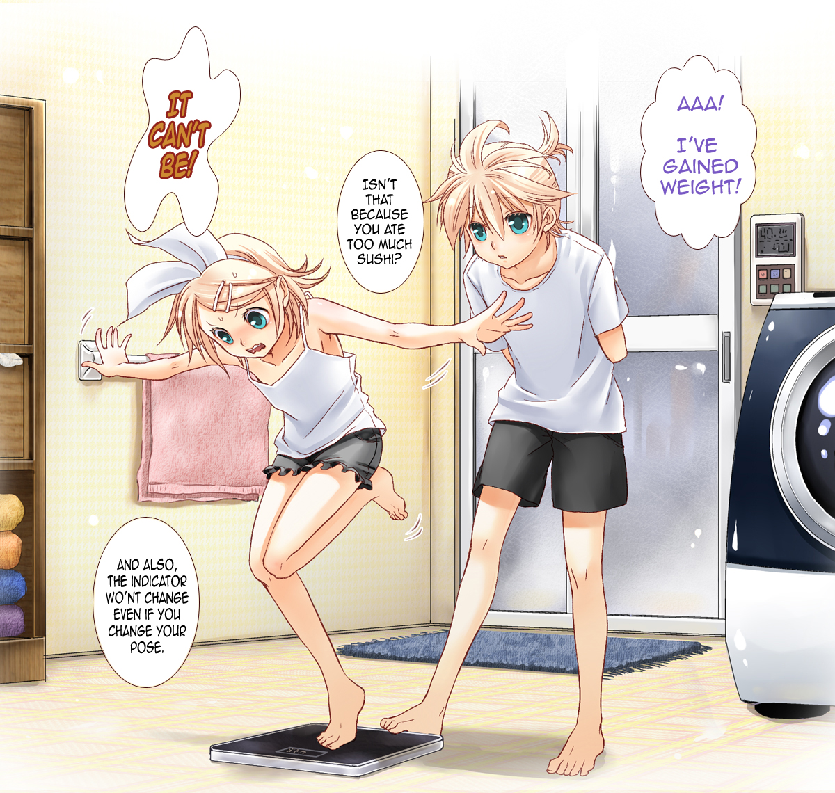 tamara, kagamine len, kagamine rin, vocaloid, hard-translated, third-party edit, translated, 1boy, 1girl, aqua eyes, bathroom, brother and sister, flat chest, orange hair, ribbon, scale, siblings, twins