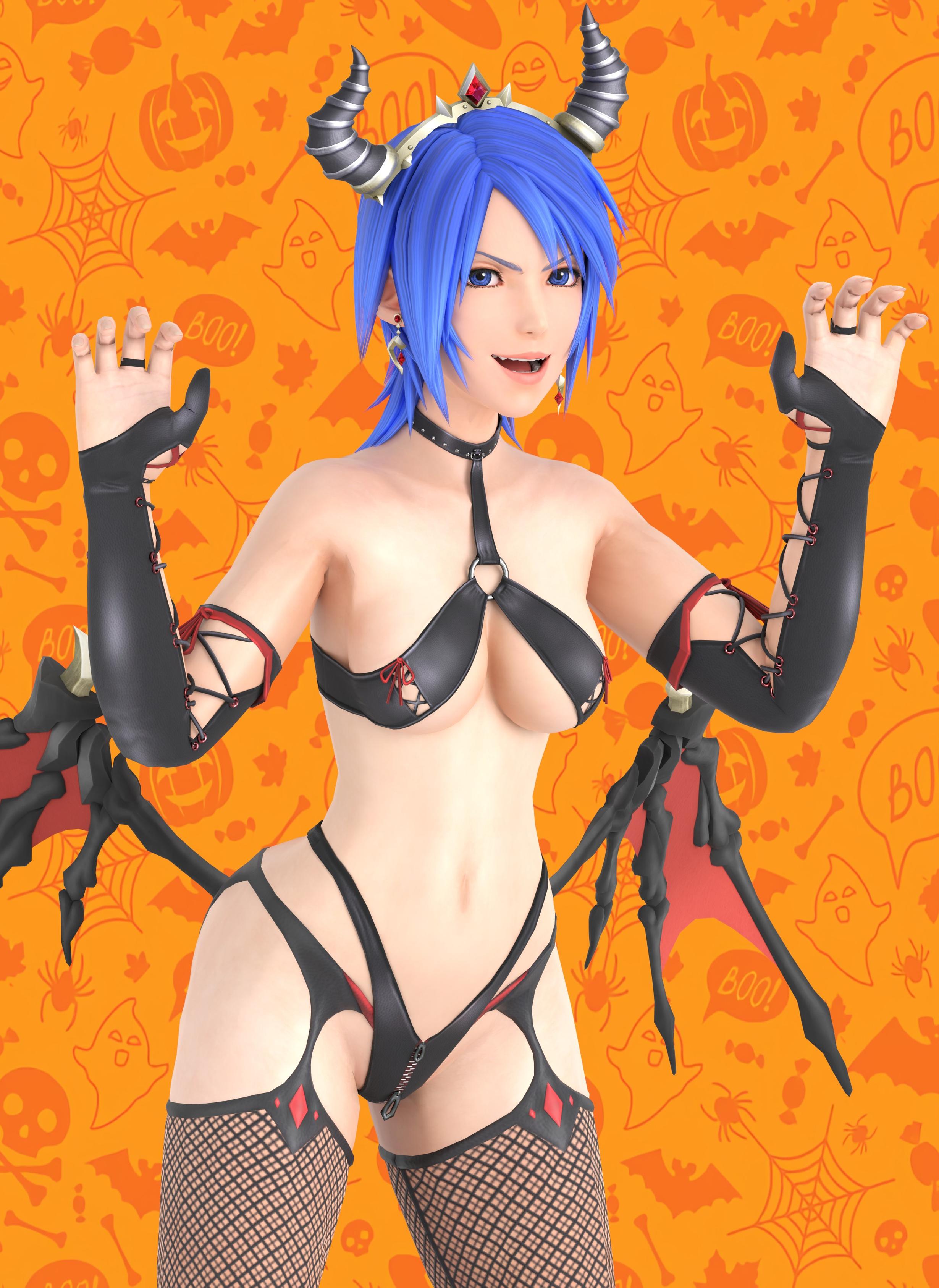 usbsantiago, aqua (kingdom hearts), kingdom hearts, absurdres, highres, 1girl, 3d, bikini, black bikini, blue eyes, blue hair, breasts, choker, collarbone, demon horns, demon wings, earrings, elbow gloves, fake horns, fingerless gloves, fishnet thighhighs, fishnets, garter straps, gem, gloves, hairband, hands up, horns, jewelry, large breasts, looking at viewer, navel, open mouth, red gemstone, ring, smile, swimsuit, thighhighs, tiara, wings