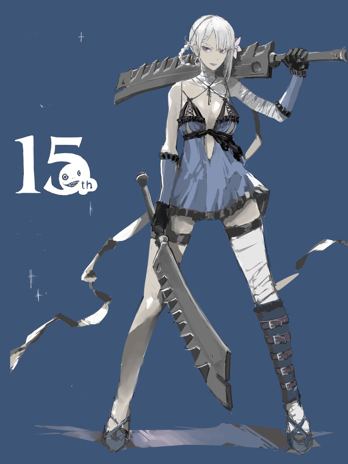 nutori manga, emil (nier), kaine (nier), nier (series), highres, 1girl, anniversary, bandaged arm, bandaged leg, bandaged neck, bandages, black gloves, black shoes, blue background, blue negligee, blue sleeves, braid, braided hair rings, breasts, brown eyes, cleavage, closed mouth, dual wielding, flower, full body, gloves, hair flower, hair ornament, hair rings, holding, lingerie, long hair, medium breasts, negligee, over shoulder, shoes, single bare shoulder, solo, thigh strap, underwear, weapon, weapon over shoulder, white flower, white hair