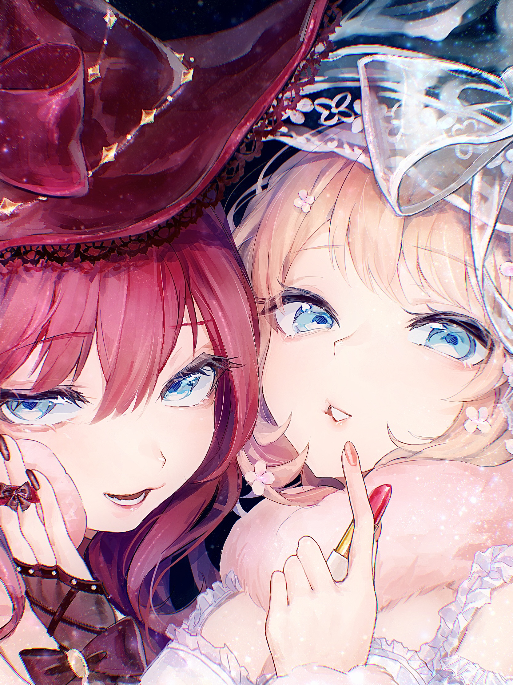 okubatomaeba, original, commentary request, highres, 2girls, aegyo sal, black gloves, blonde hair, blue eyes, blue hat, breasts, choppy bangs, cleavage, cosmetics, fingerless gloves, fingernails, frills, fur (clothing), gloves, hair between eyes, hand up, hat, holding, holding lipstick tube, index finger raised, lipstick tube, long hair, looking at viewer, multiple girls, open mouth, parted lips, red hair, red hat, short hair, smile, swept bangs, witch, witch hat