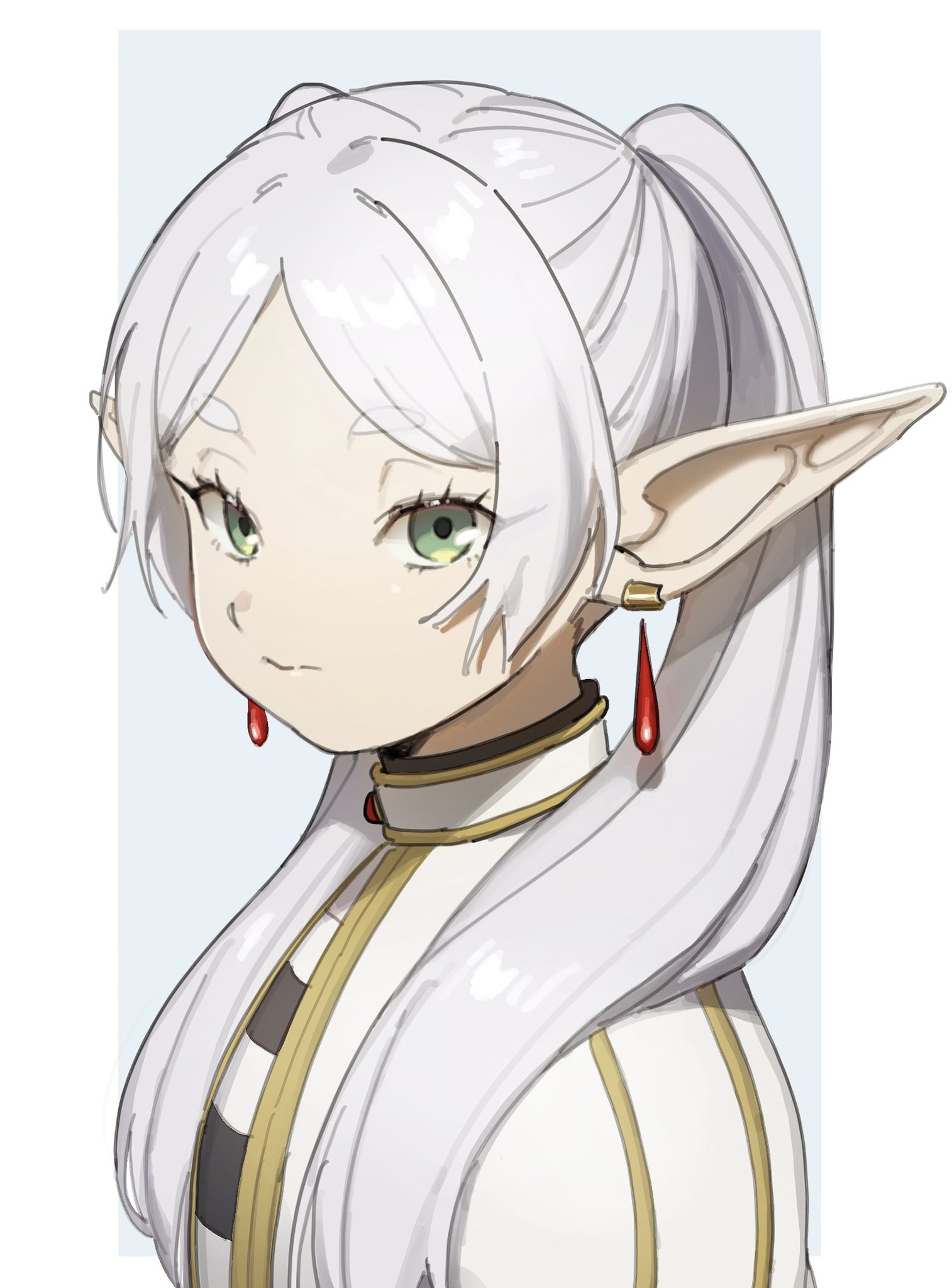 noro zt, frieren, sousou no frieren, highres, 1girl, border, capelet, closed mouth, earrings, elf, green eyes, grey hair, jewelry, long hair, looking at viewer, parted bangs, pointy ears, solo, twintails, upper body, white border, white capelet, white hair