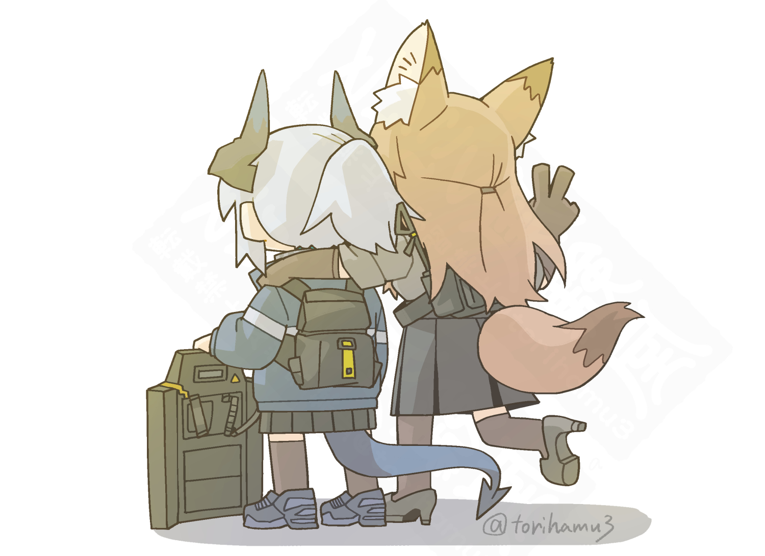 konno akikaze, franka (arknights), liskarm (arknights), arknights, commentary request, 2girls, animal ear fluff, animal ears, backpack, bag, black bag, black skirt, blue jacket, blue shoes, brown gloves, brown hair, brown thighhighs, dragon girl, dragon horns, dragon tail, facing away, fox ears, fox girl, fox tail, full body, gloves, grey hair, grey shoes, hand on another's shoulder, high heels, holding, holding shield, horns, jacket, long hair, multiple girls, pleated skirt, ponytail, shadow, shield, shoes, short hair, simple background, skirt, sneakers, standing, standing on one leg, tail, thighhighs, twitter username, v, white background