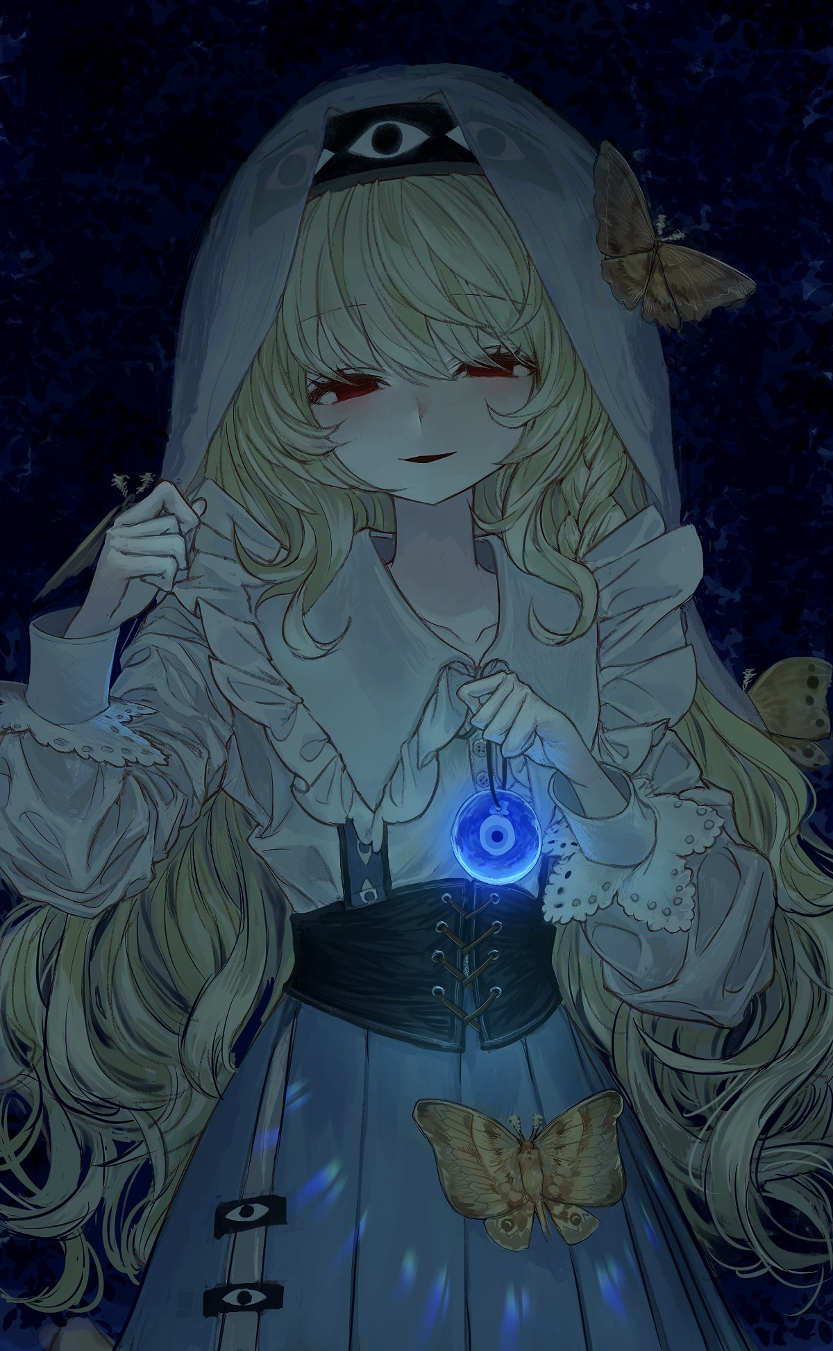 okubatomaeba, original, commentary request, highres, object request, 1girl, animal, black background, black corset, black eyes, blonde hair, blue skirt, bug, corset, cowboy shot, frilled shirt, frills, grey shirt, grey veil, hands up, holding, insect, long hair, long sleeves, looking at viewer, moth, night, parted lips, shirt, skirt, smile, solo, swept bangs, veil